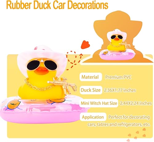 Miniatura 5 de Adorno de pato amarillo para automóvil, anillo de natación de patos de goma para decoración de tablero con mini sombrero de vaquero, collar de tubo
