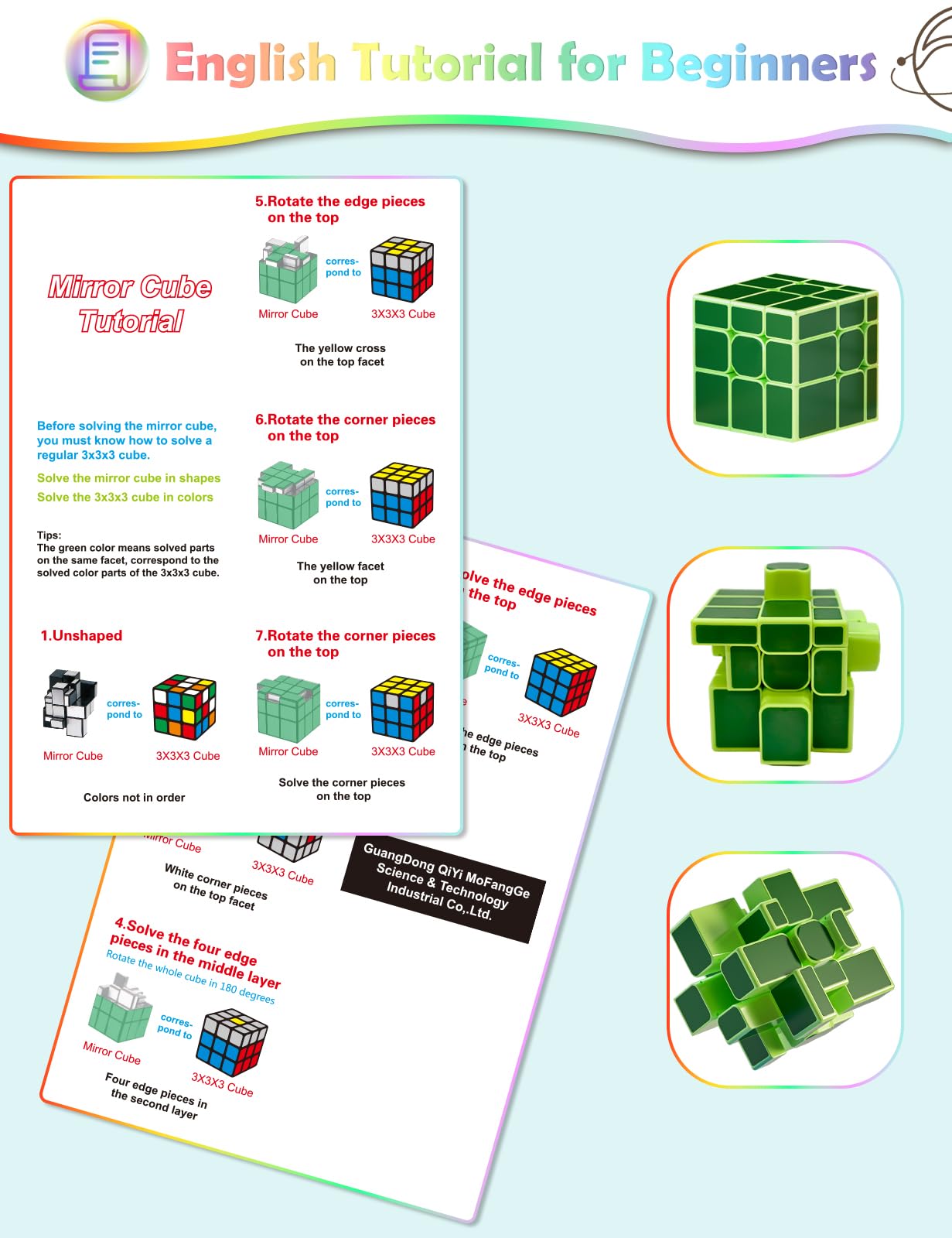 ROXENDA Mirror Cube di Velocità 3x3x3 Irregolare Bianca Cubo Puzzle Twisty Box Puzzle Giocattolo Sequenziale Divertente (verde)