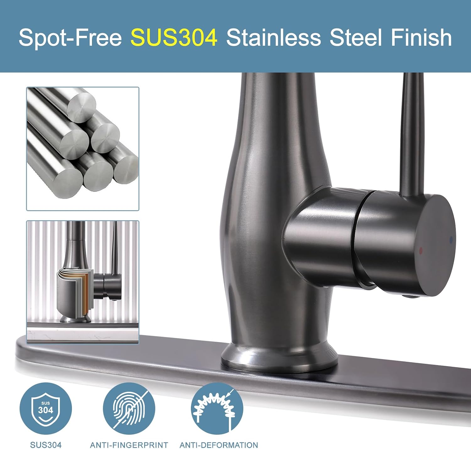 GIMILI Black Stainless Kitchen Faucet with LED Single Handle Kitchen Sink Faucet with Pull Down Sprayer Commercial Double-Headed Stainless Steel Kitchen Faucets Sink with Deck Plate