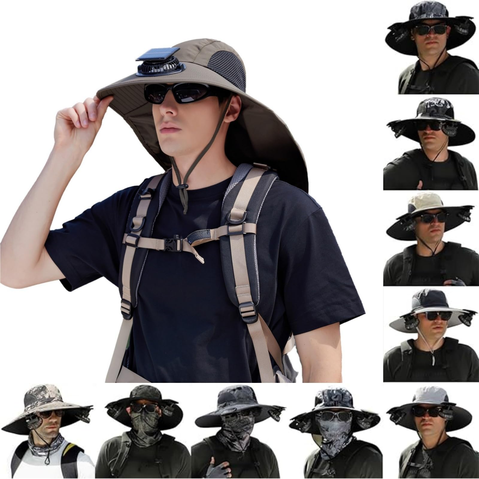 Hat with Fans Solar Power, Wide Brim Solar Fan Hat Outdoor Fishing for Men Women, Quick-Dry Umbrella Hats for Adults