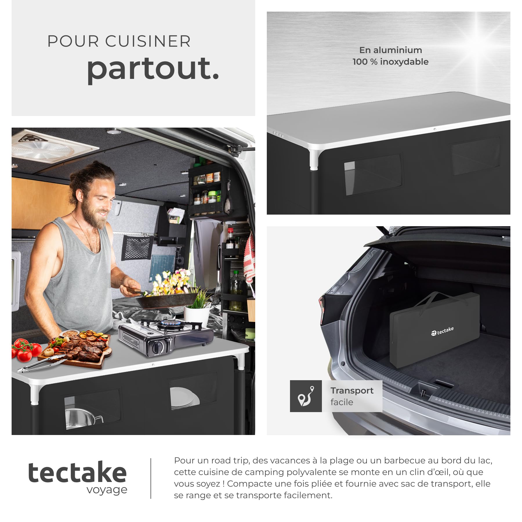 tectake® Meuble de Rangement Cuisine de Camping Pliable en Aluminium, avec Étagères, Plan de Travail, Pieds réglables, Sac de Transport Inclus, Stockage pour Vaisselle, Accessoires Cuisine, Aliments