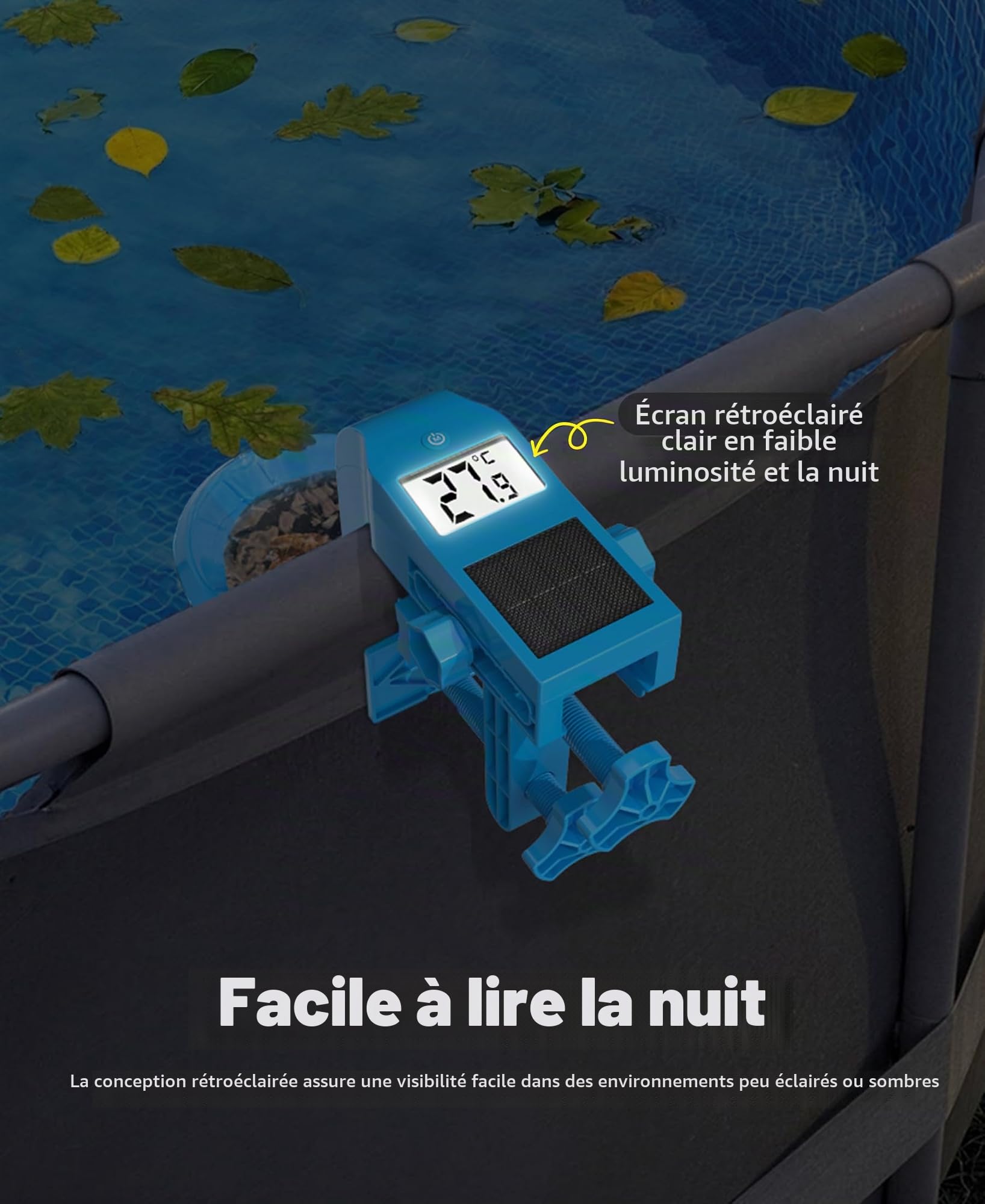 LuxBlue Skimmer Piscine Hors Sol avec Thermometre Piscine Solaire Digital, Skimmer de Surface Mural avec Support Réglable,Ecumoire Piscines Haute Résistance,Ramassage automatique de Feuilles et Débris