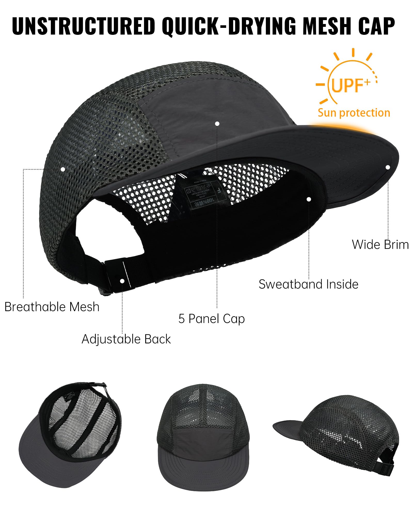 Croogo Cappello da baseball regolabile in rete a 5 pannelli, leggero, traspirante, ad asciugatura rapida, stile hip hop, cappello piatto, Asbh02-grigio scuro, Taglia unica