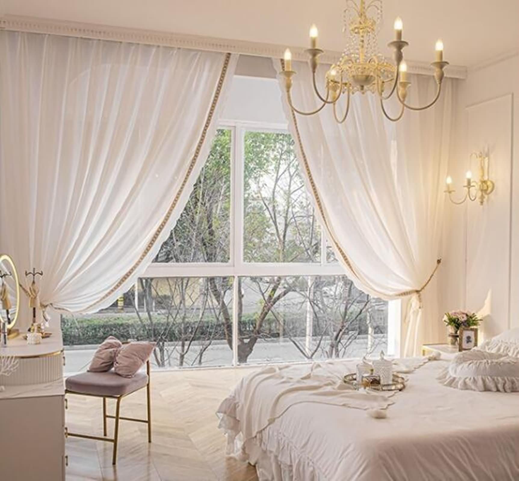 Daesar 2 Panneaux Rideaux Salon Beige Blanc, Rideau Transparent à Oeillets Couleur Unie avec Dentelle Noeud Papillon Rideaux Intérieurs pour Chambre Maison, Beige Blanc 102x160CM