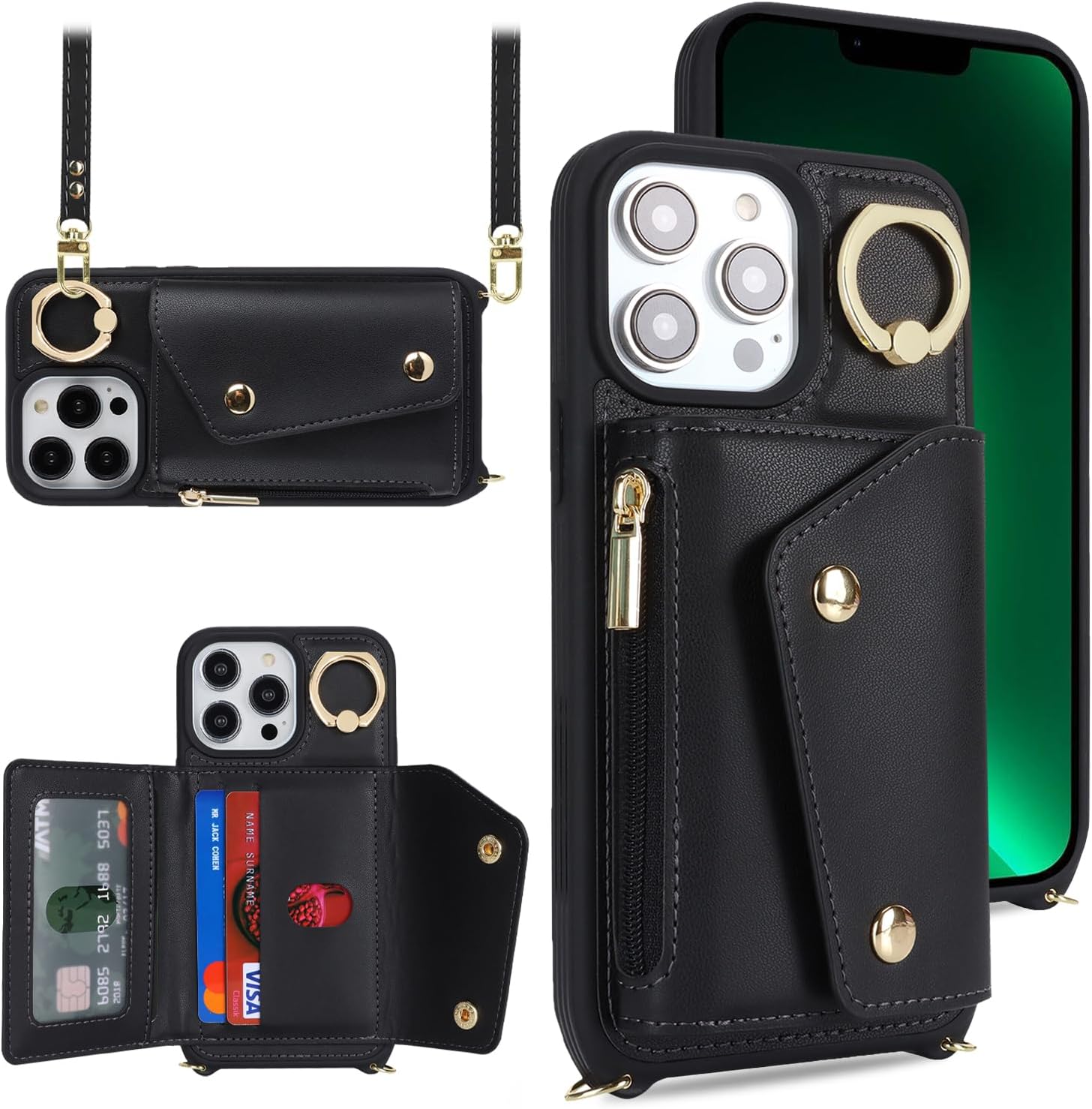for iPhone 12 Pro Max Case with Card Holder and Strap - Zipper Pocket,Crossbody Lanyard Strap,Credit Card Holder,Stand Ring,Cute Phone Wallet Case for Women(Black,6.7 Inch) - Image 2