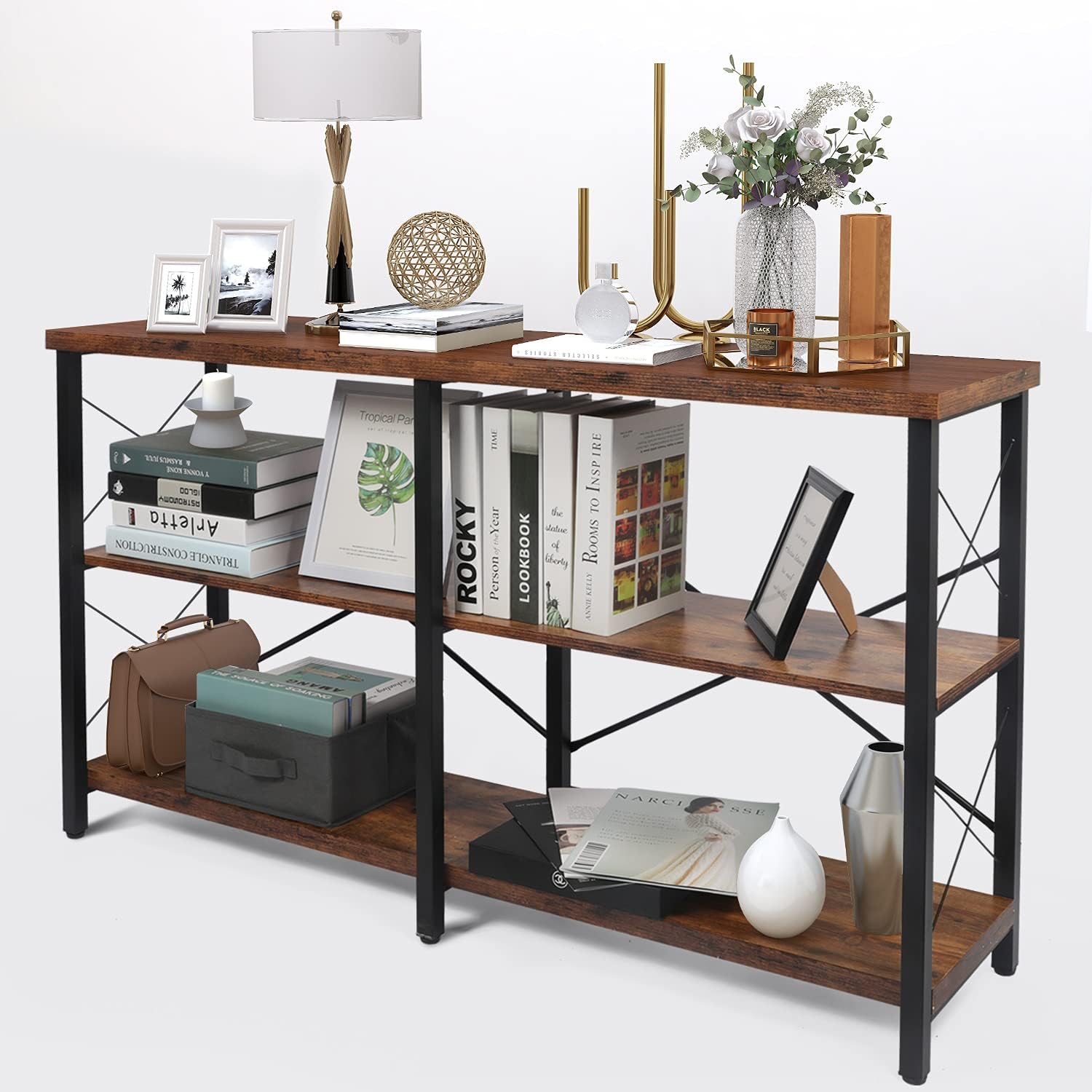 Console Sofa Table for Entryway, 3-Tier Industrial Foyer Table 50.3" Rustic Narrow Long TV Table, with Metal X-Frame, Easy Assembly, for Entryway, Hallway, Living Room, Kitchen (Rustic Brown, Style 2)
