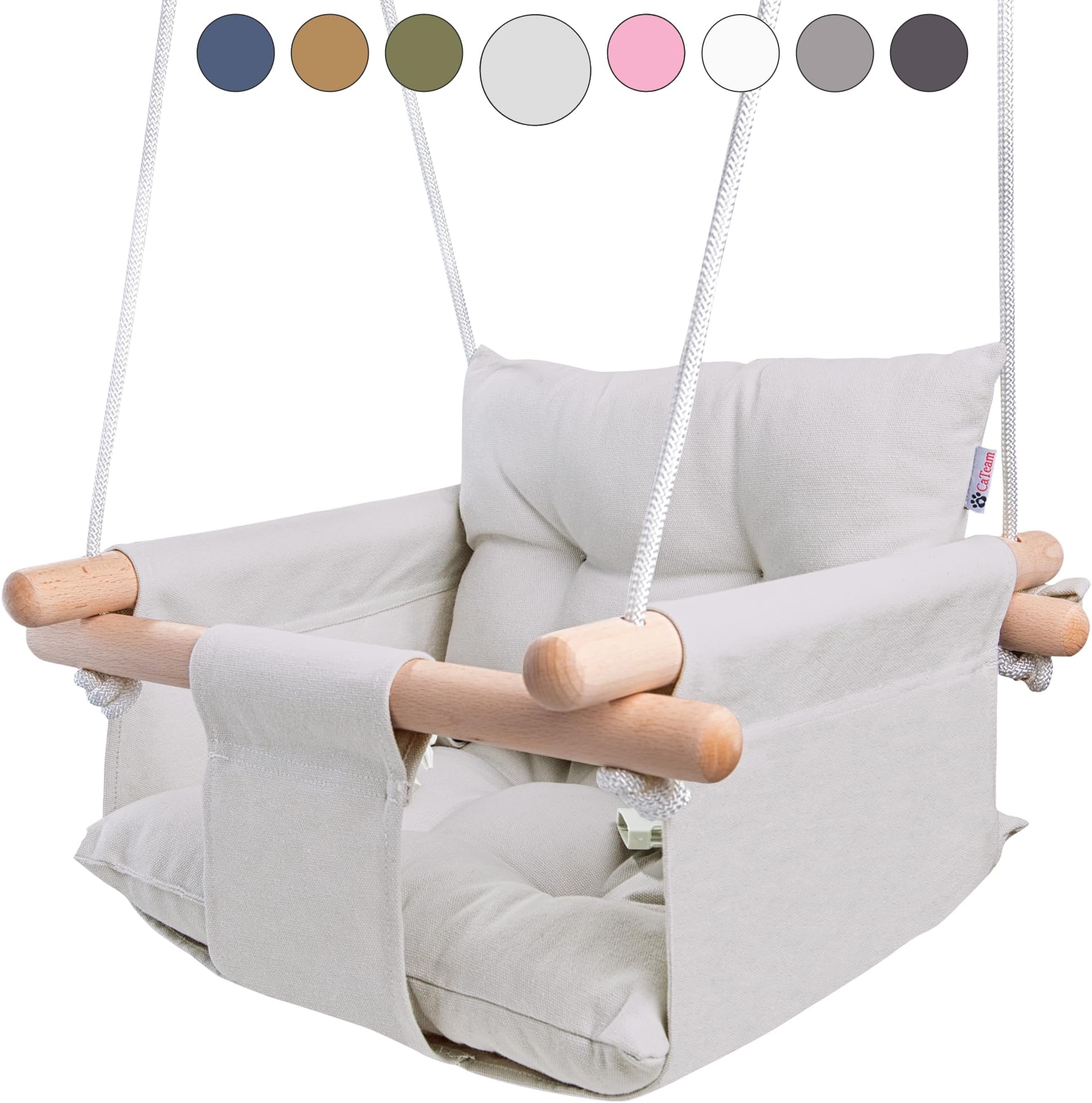 CaTeam - Canvas Baby Swing, Wooden Hanging Swing Seat Chair with Safety Belt, Durable Baby Hammock Chair, Outdoor and Indoor Swing for Kids, Mounting Hardware Included, Gray