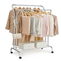 SONGMICS Stand Appendiabiti Doppio, Attaccapanni con Ruote, Struttura in Acciaio, Portata fino a 100 kg, Larghezza di 103,5 cm, Multifunzione, Color Argento HSR107E01