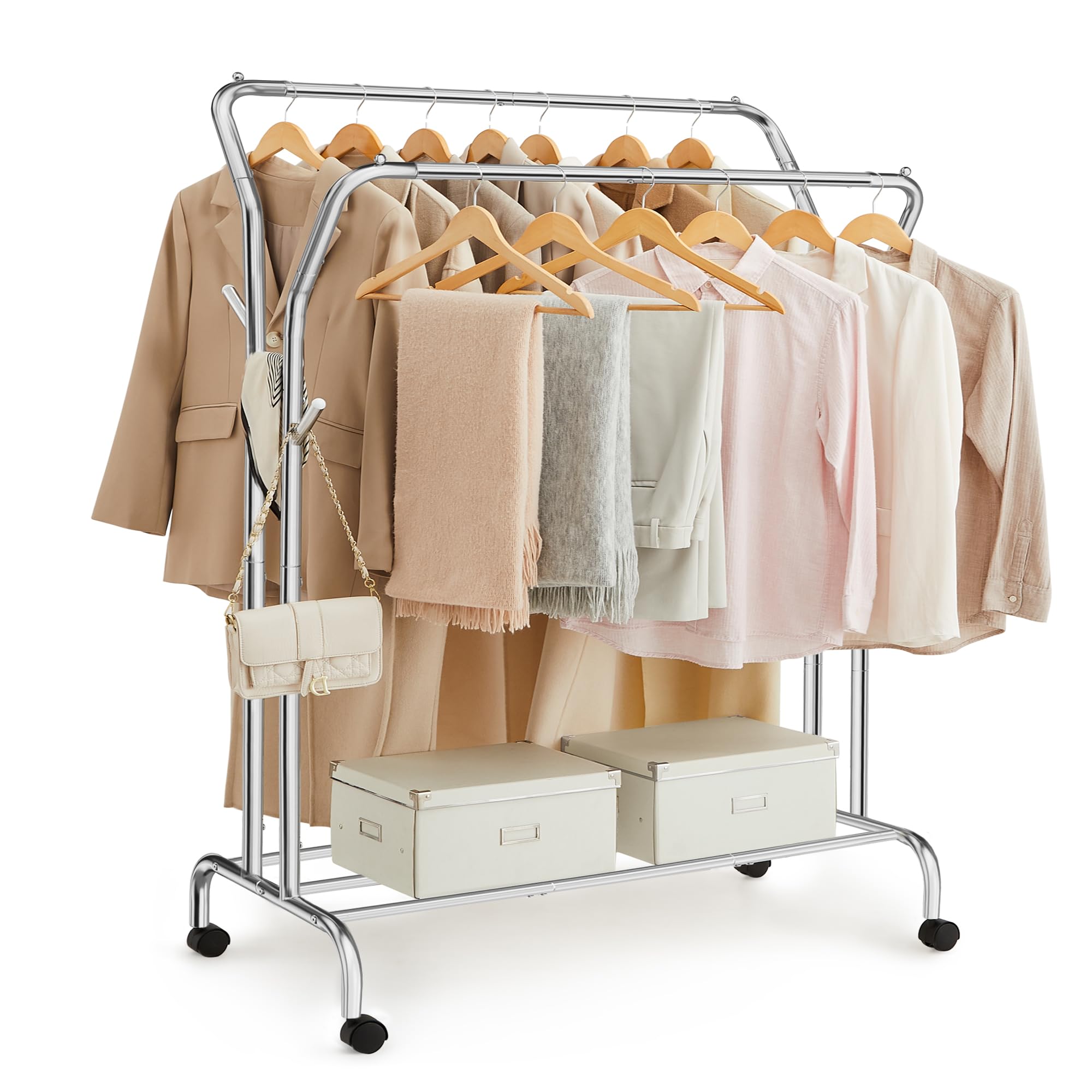 SONGMICS Stand Appendiabiti Doppio, Attaccapanni con Ruote, Struttura in Acciaio, Portata fino a 100 kg, Larghezza di 103,5 cm, Multifunzione, Color Argento HSR107E01