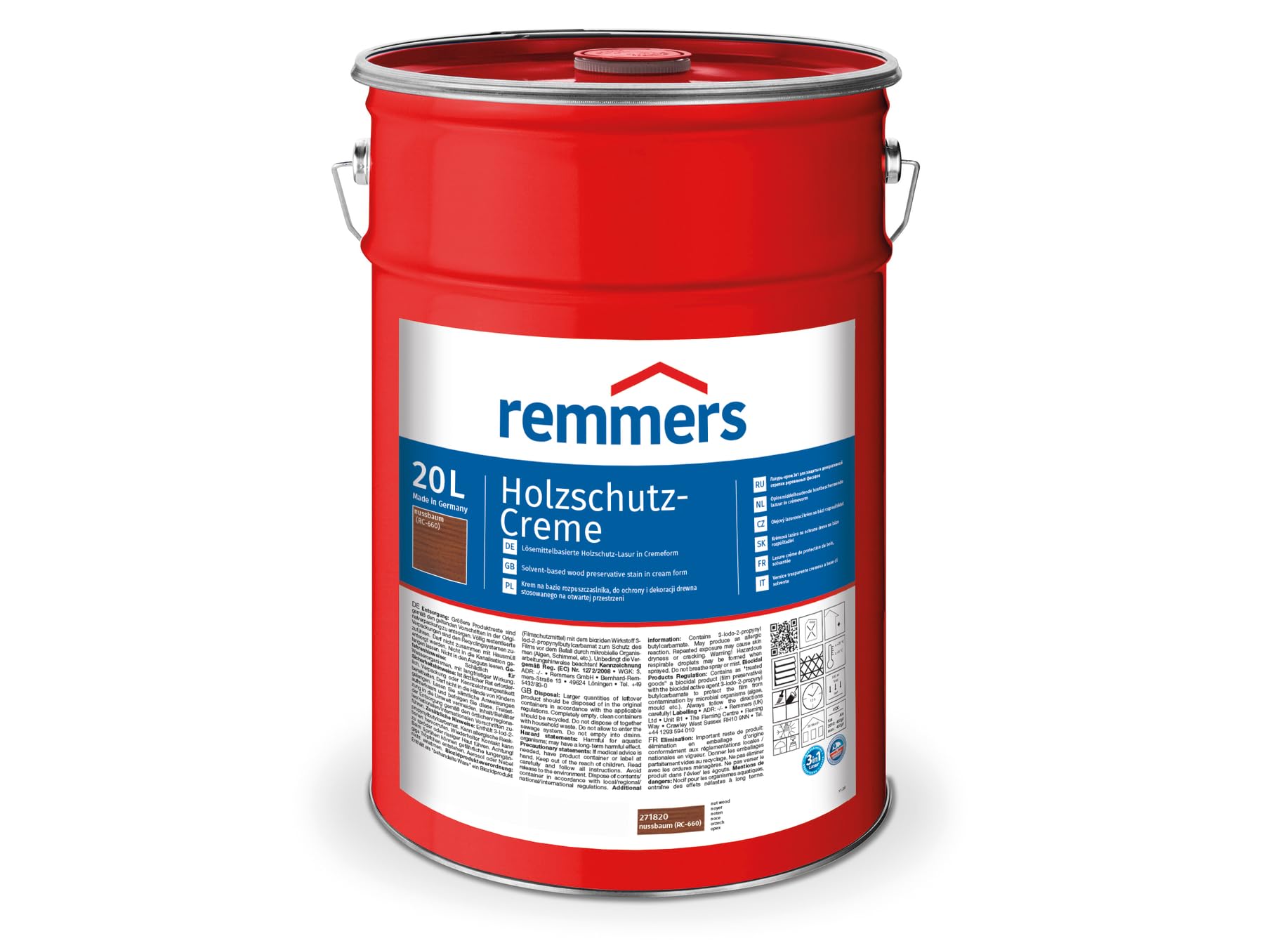 Remmers Holzschutz-Creme 3in1 nussbaum, 20 Liter, tropffreie Holzlasur für aussen, 3facher Holzschutz mit Imprägnierung + Grundierung + Lasur