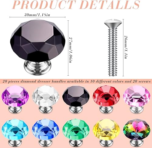 Miniatura 8 de Jetec 20 pomos de cristal de cristal para armarios de 1.18 pulgadas (1.181 in), pomos coloridos para cajones (estilo colorido y elegante)