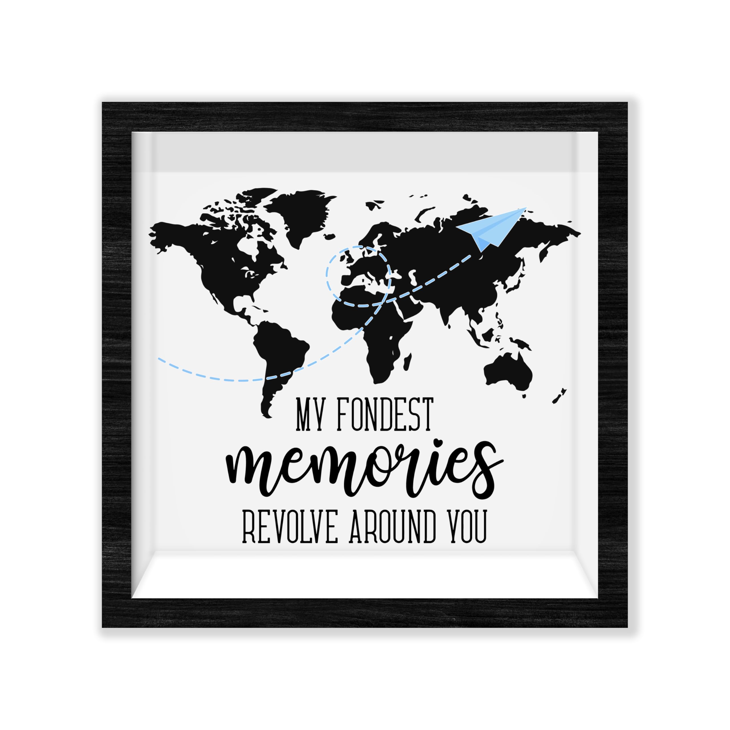 Black Travel Shadow Box Frame with Slot, My Fondest Memories Revolve Around You Boxes Frames for Fund, 8x8 Memory Box for Keepsakes, Travel Gifts and Decorations, 07