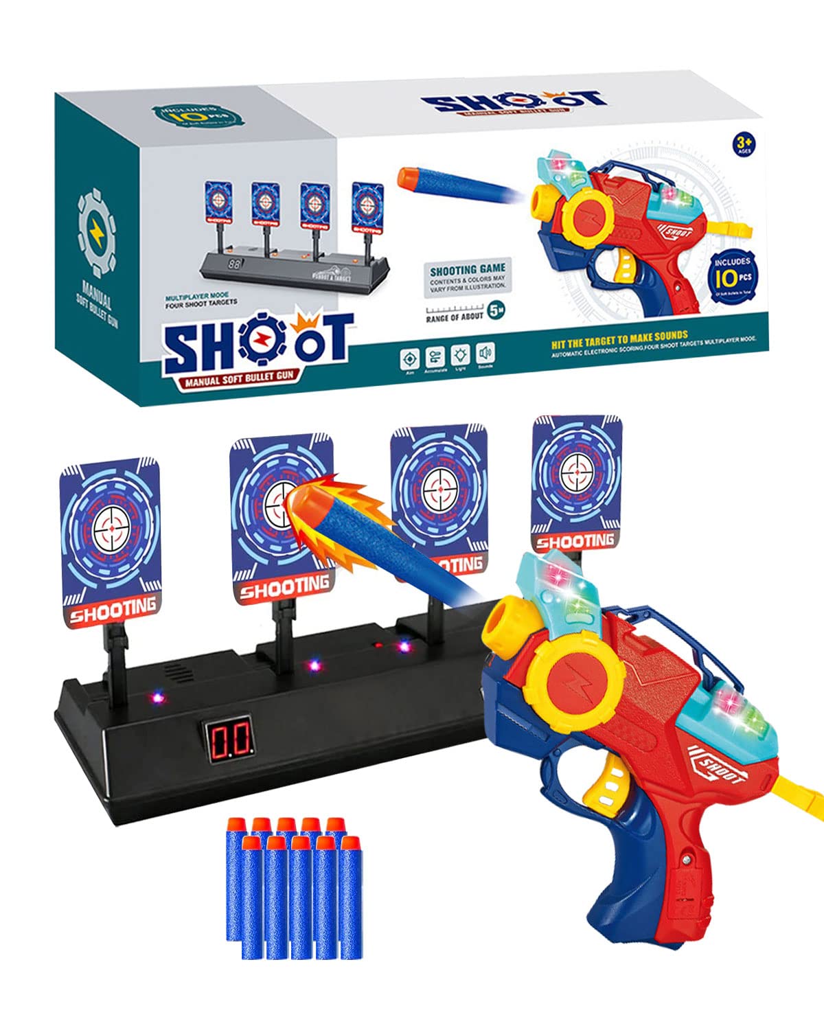 E-SMARTER Shooting Games Toy, 4 Electronic Digital Targets for Toy Gun, Moving Target Shooting Game with 10 Soft Foam Bullets, Outdoor Garden Toys Gifts for Age 5 6 7 8 9 10+ Years Old Boys Girls