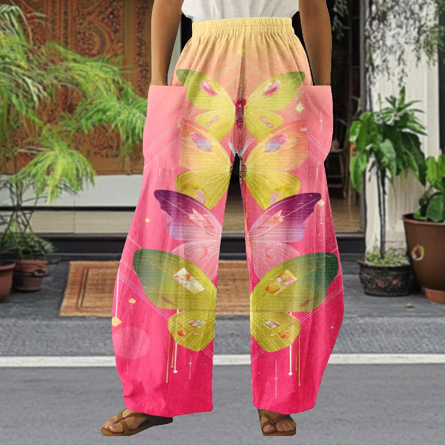 MARSVOVO Loose Pants for Women Summer Lightweight Cool Wide Leg Trousers Vacation Flowy Pants with Pockets