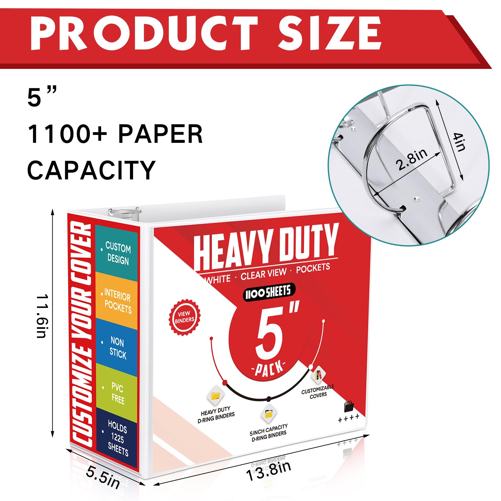 Sinload 8 raccoglitori a 3 anelli, capacità 12,7 cm, con tasche grandi, 21,6 x 27,9 cm, raccoglitore per presentazioni, con copertina trasparente, per documenti, file, progetti, bianco