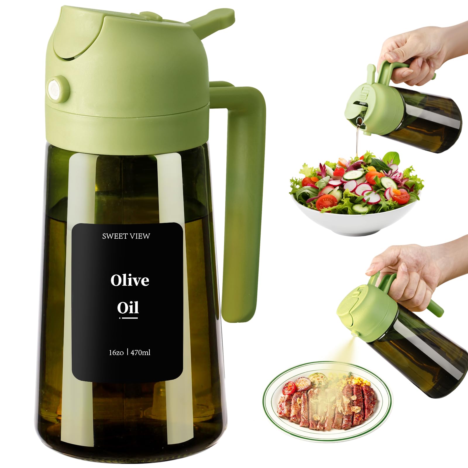 SWEET VIEW Olivenölspender und Ölsprüher – 470 ml Glas, lichtdichter Ölausgießer für Küche, Luftfritteuse, Kochen, Salat und BBQ