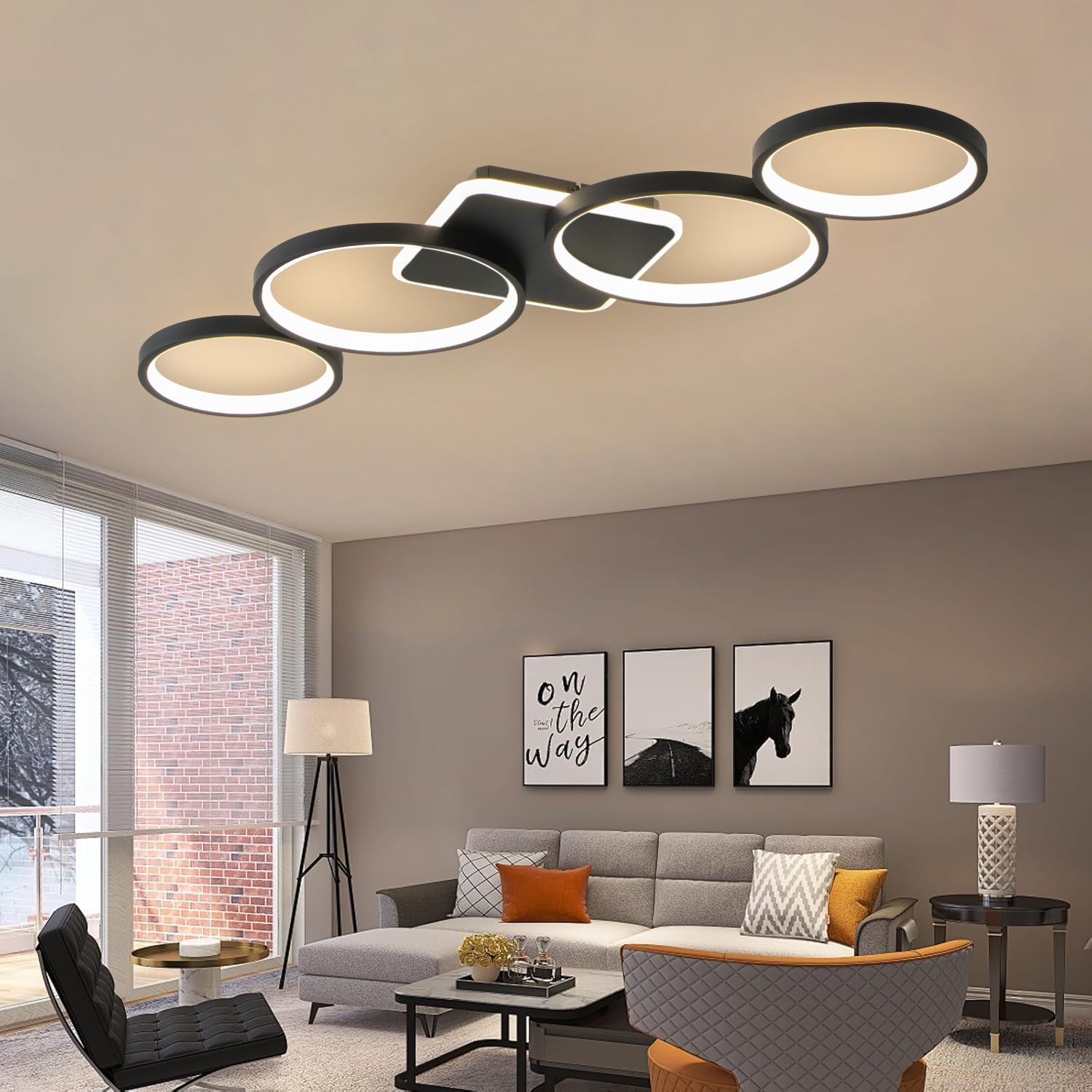 94cm LED Deckenlampe Dimmbar Wohnzimmer, 54W Deckenleuchte Schwarz | Wohnzimmerlampe mit Memory Funktion und Nachtlicht, Moderne 4 Ring deckenbeleuchtung mit Fernbedienung APP für Schlafzimmer