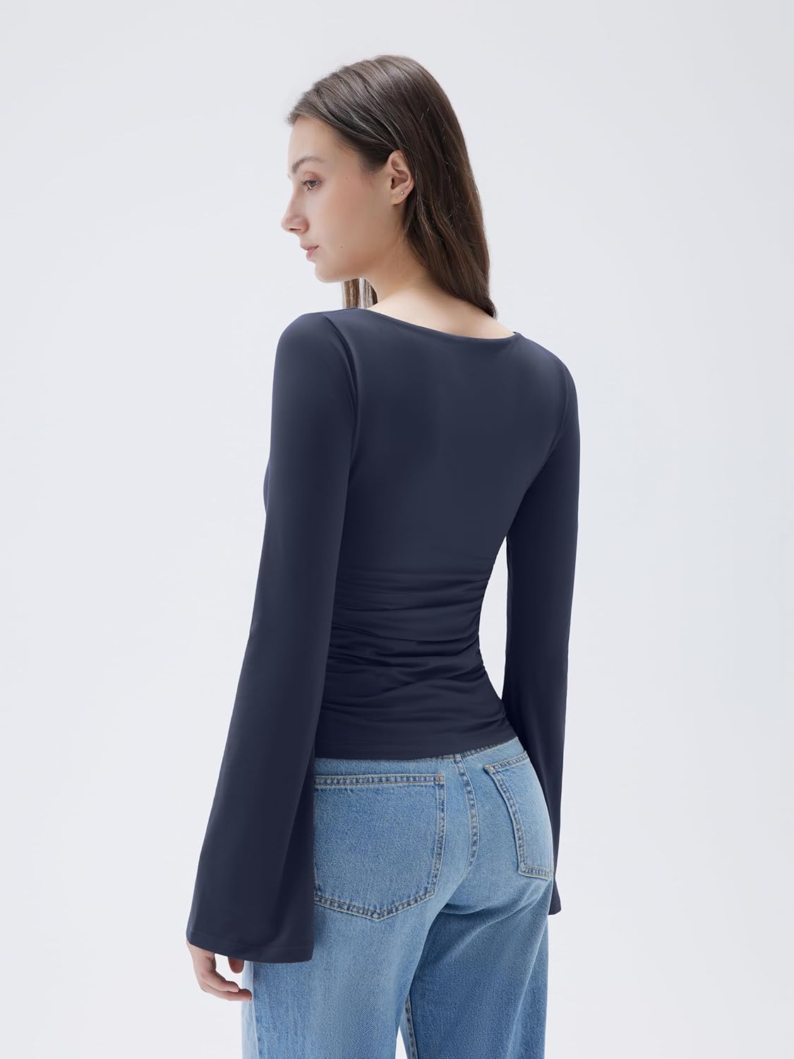 SUUKSESS Women Crew Neck Bell Sleeve Tops Double Lined Going Out Fitted Basic T Shirts - Image 3