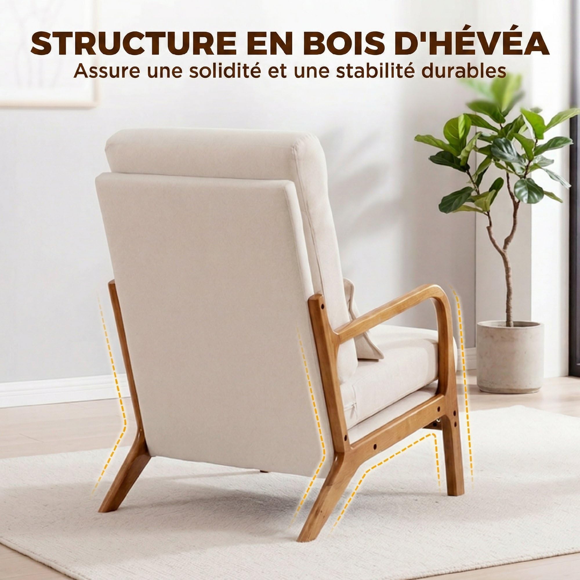 HOMCOM Fauteuil Salon, Fauteuil d'appoint rembourré en Lin avec Large Assise, Soutien Lombaire, Haut Dossier, Coussin épais et Structure en Bois Massif, Chaise de Salon, Chambre, Coins Lecture, crème