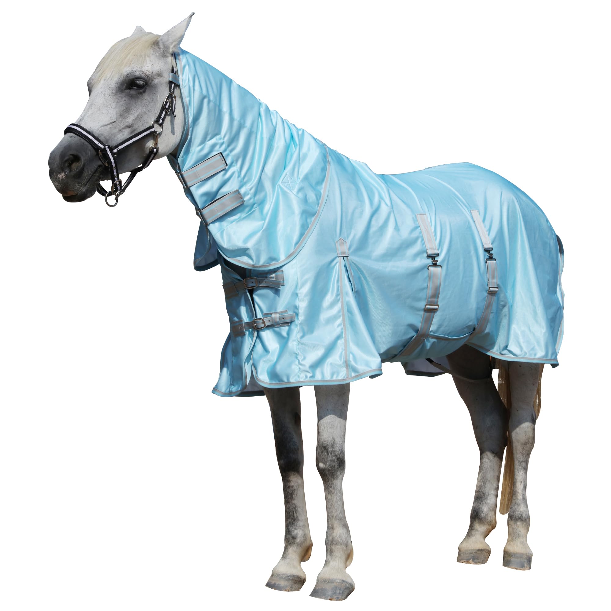 Manta antimoscas con tapa extraíble para cuello y pastos, 125 cm, malla transpirable, protección contra los rayos UV contra la picazón estival para el establo y los pastos, azul azul