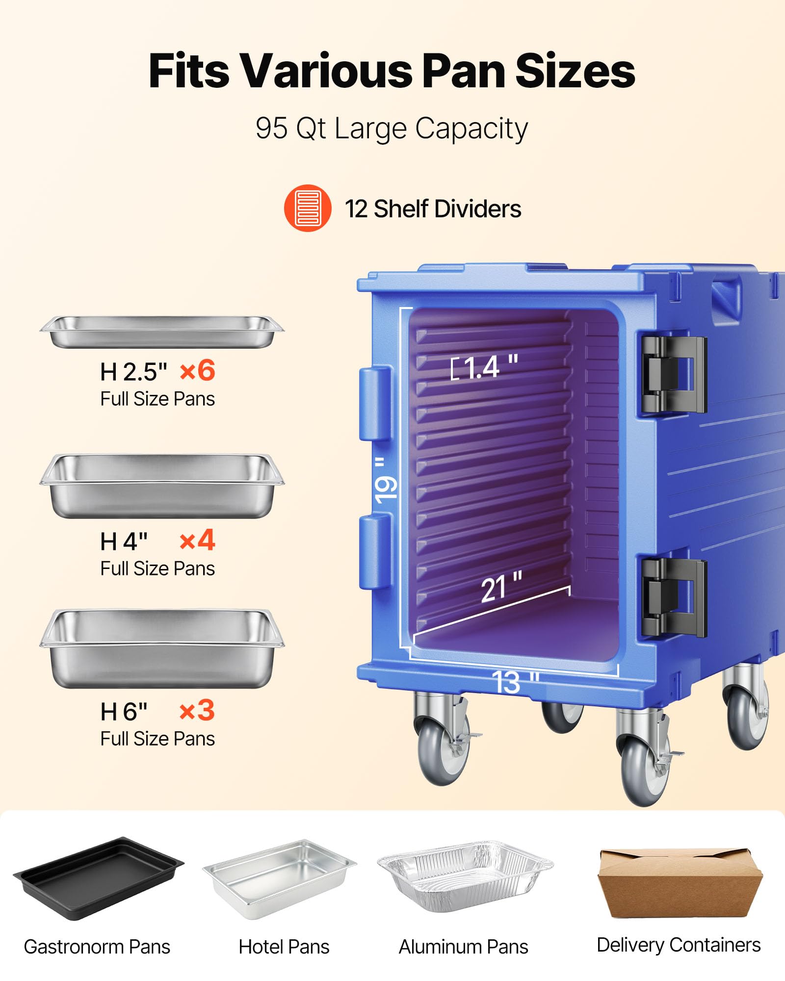 VEVOR Scatola per alimenti coibentato, Scatola calda 82 Qt per catering, Porta bevande per alimenti in LLDPE, Scaldavivande a caricamento frontale con maniglie con ruote per ristorante, mensa, ecc.