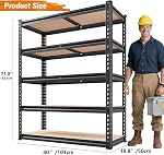 Bepatio 2520 LBS ajustable 5 Étagères de rangement Tier Unité de rayonnage de garage de service lourd, étagères en métal Étagère de rack pour sous-sol, entrepôt, atelier 71.8" H x 40" W x 19.8" D, Noir