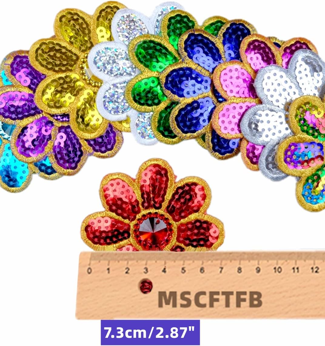 20 Pieces 8 Petals Flower Sequined Appliques Beaded Appliques Floral Iron on Patches Decal for Garment Curtain Pillow Blanket Trimming Jeans Clothing Embellishments (Multi)