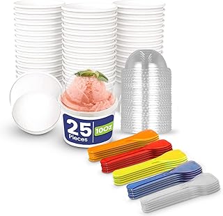 SNH Packing 25 Pieces 10 oz White Paper Ice Cream Cups With Lid & Spoon Disposable Dessert Bowls for Hot or Cold Food