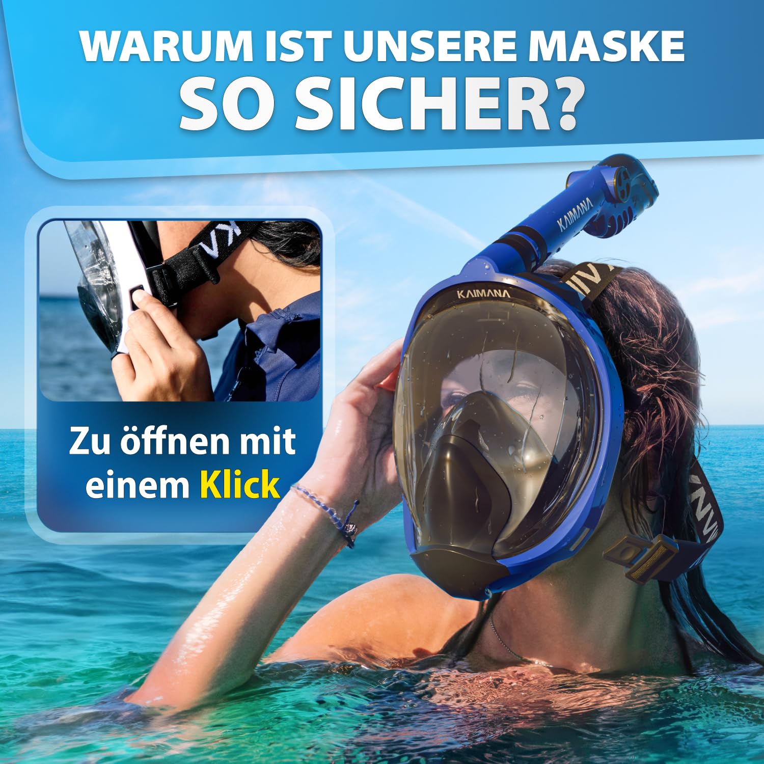 Die Preisgekrönte KAIMANA® Schnorchelmaske für Erwachsene & Kinder - absolut CO2 sicher - inkl. Tragetasche - Tauchermaske Erwachsene - Vollgesichtsmaske Tauchmaske