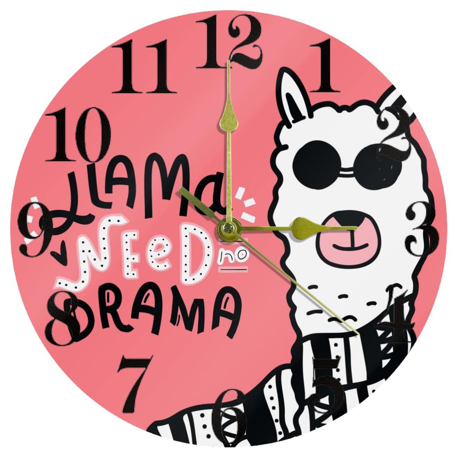 Horloge murale silencieuse pour supprimer le tic-tac avec motif lama rose alpaga