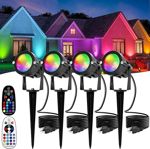 Focos multicolores para exteriores RGBW LED Spot Light Plug in 120V Control remoto 16 colores cambiantes Punto de luz de paisaje para césped, patio,