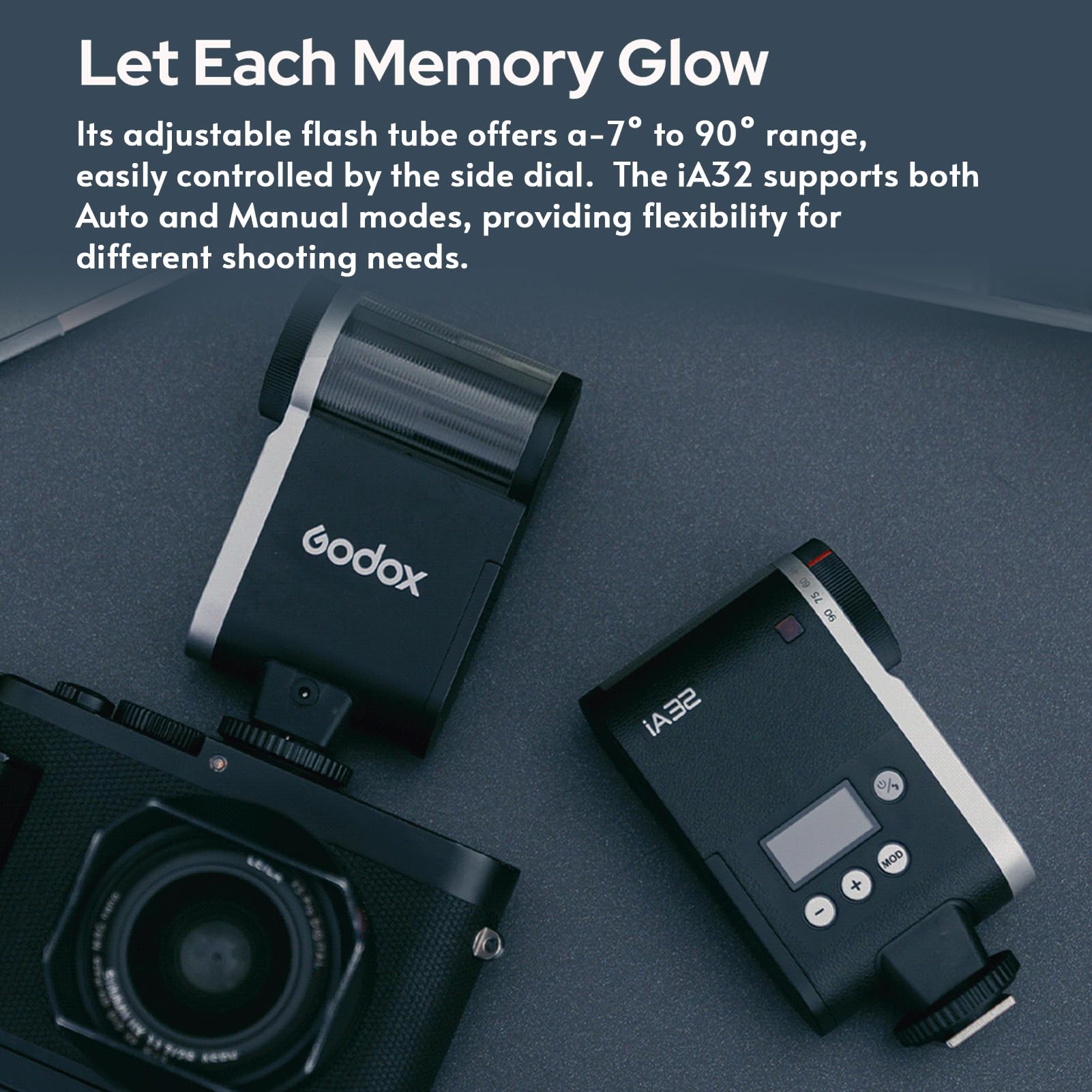 Godox iA32 GN15 Mini kamera błyskowa Speedlite z regulowaną głowicą błyskową, 8 poziomów mocy, tryby ręczne/automatyczne, uniwersalny zamiennik gorącej stopki do aparatu Canon Sony Nikon DSLR