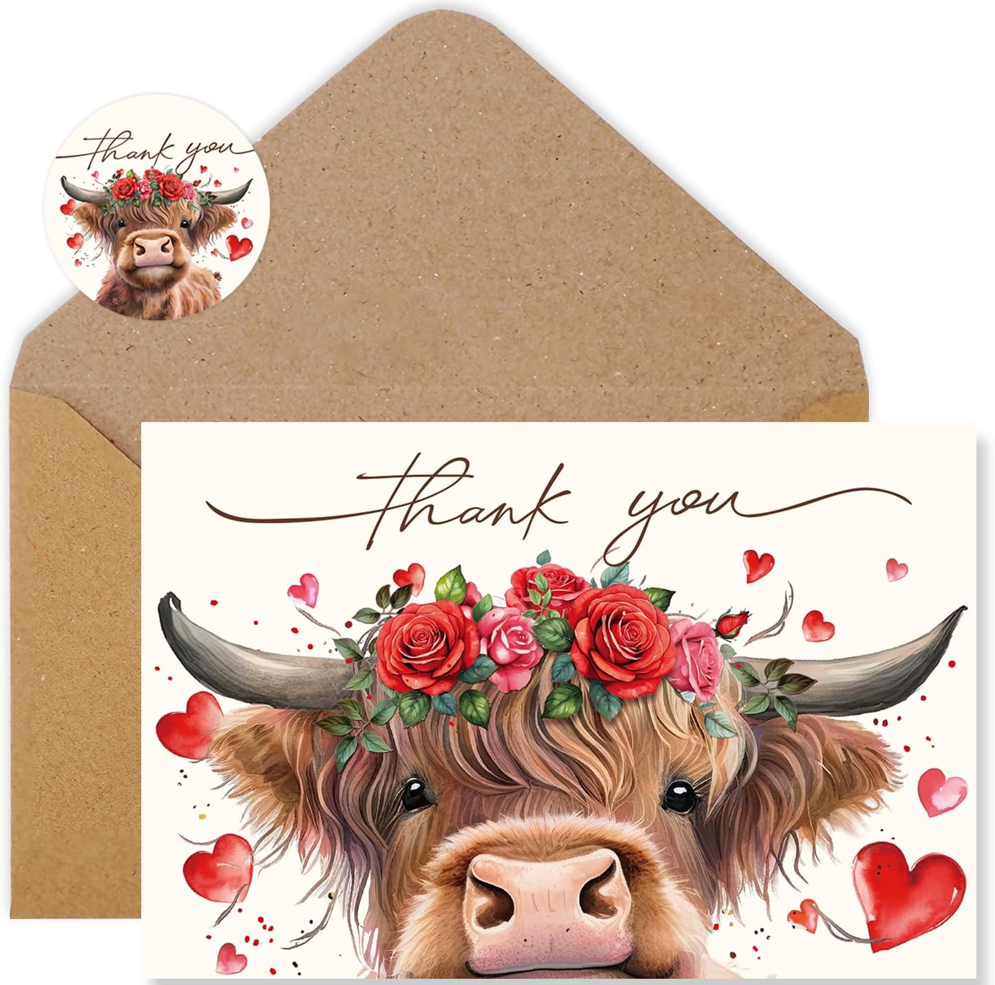 Whaline 36Pcs Valentines Highland Cow Thank You Cards with Envelopes and Stickers Red Roses Heart Cow Greeting Card Valentine's Day Blank Note Cards for Wedding Anniversary