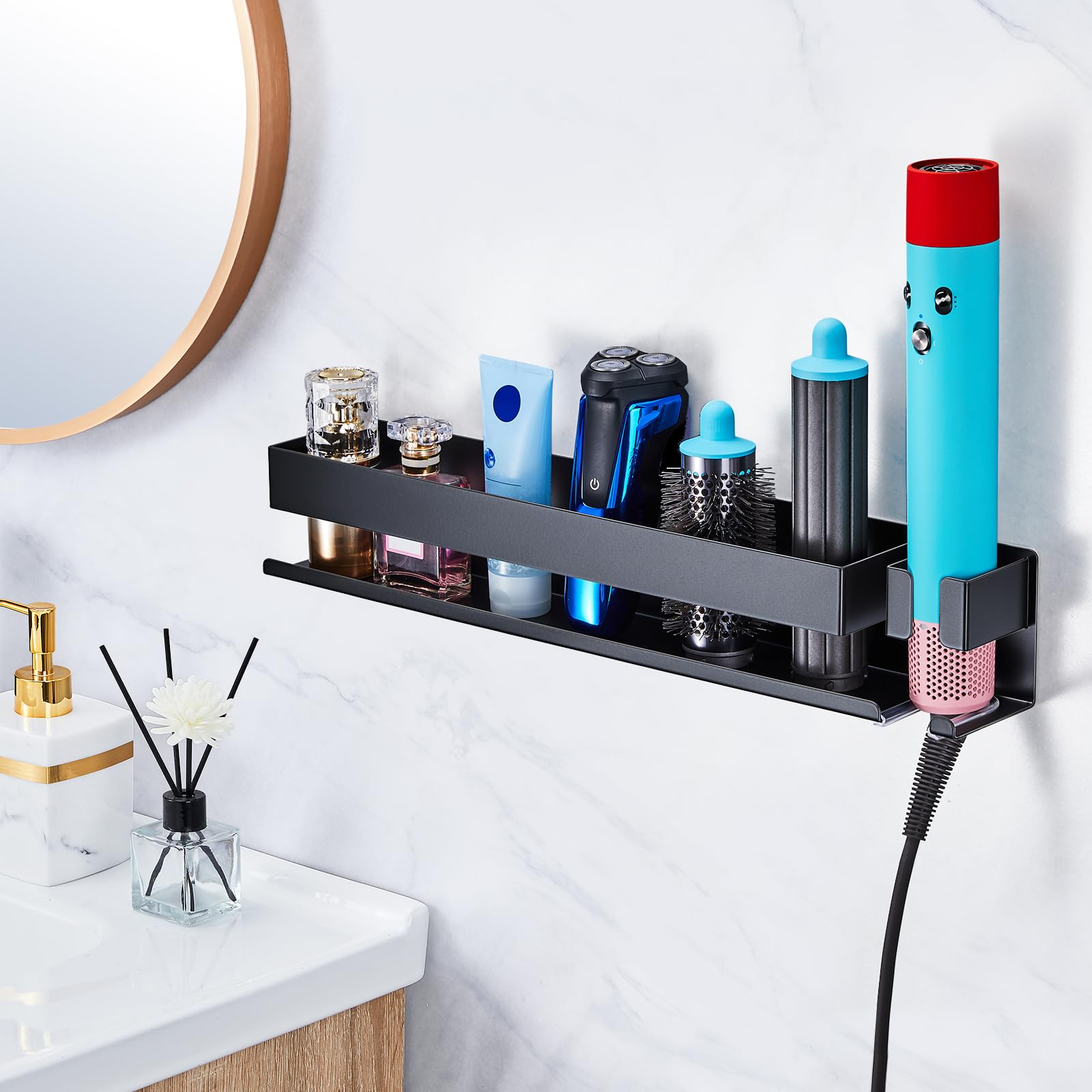 Soporte de Pared para Secador y Planchas, Soporte Pared Secador Pelo, Soporte Plancha Pelo, Organizador sin Taladrar para Planchas de Rizo, Cepillo de Aire y Accesorios de Maquillaje en baño (Plata)