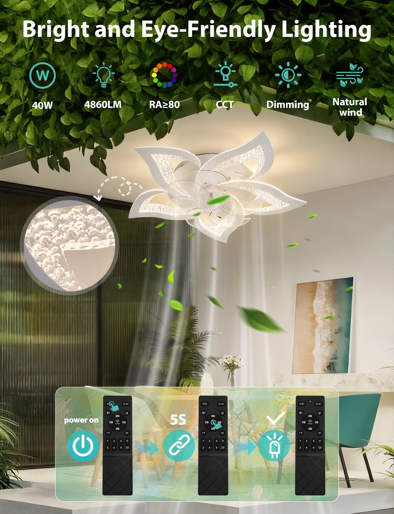Aigostar Ventilatore da Soffitto con Luce e Telecomando Silenzioso Fiore - 40W Luce LED Regolabile 3000K-6500K, 16W Motor DC Reversibile, 6 Velocità con Timer per Casa (67cm, Bianco)