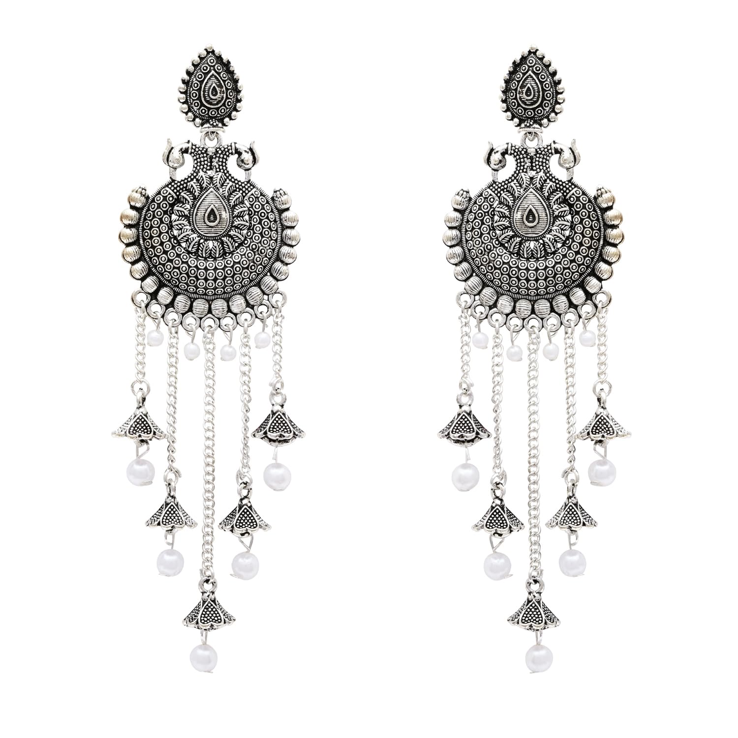 Ethnic Silver Oxidised Multi Layered Dangle Jhumka Earrings For Women (E3319OX)-image-46