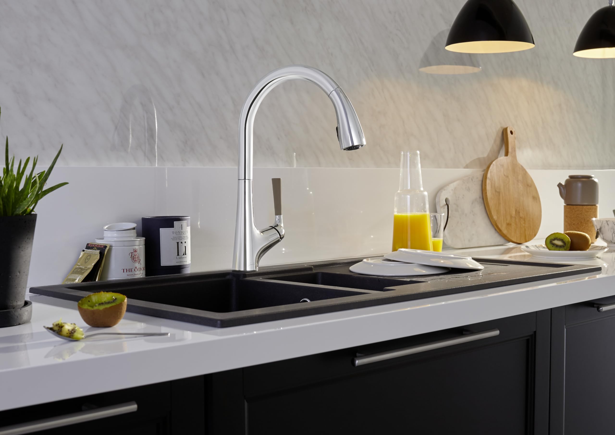 JACOB DELAFON Rubinetto da cucina senza contatto doccia anticalcare rimovibile con 2 getti e beccuccio girevole a 360° a risparmio idrico, leva personalizzabile (3 colori) colore cromo MALLECO E77748