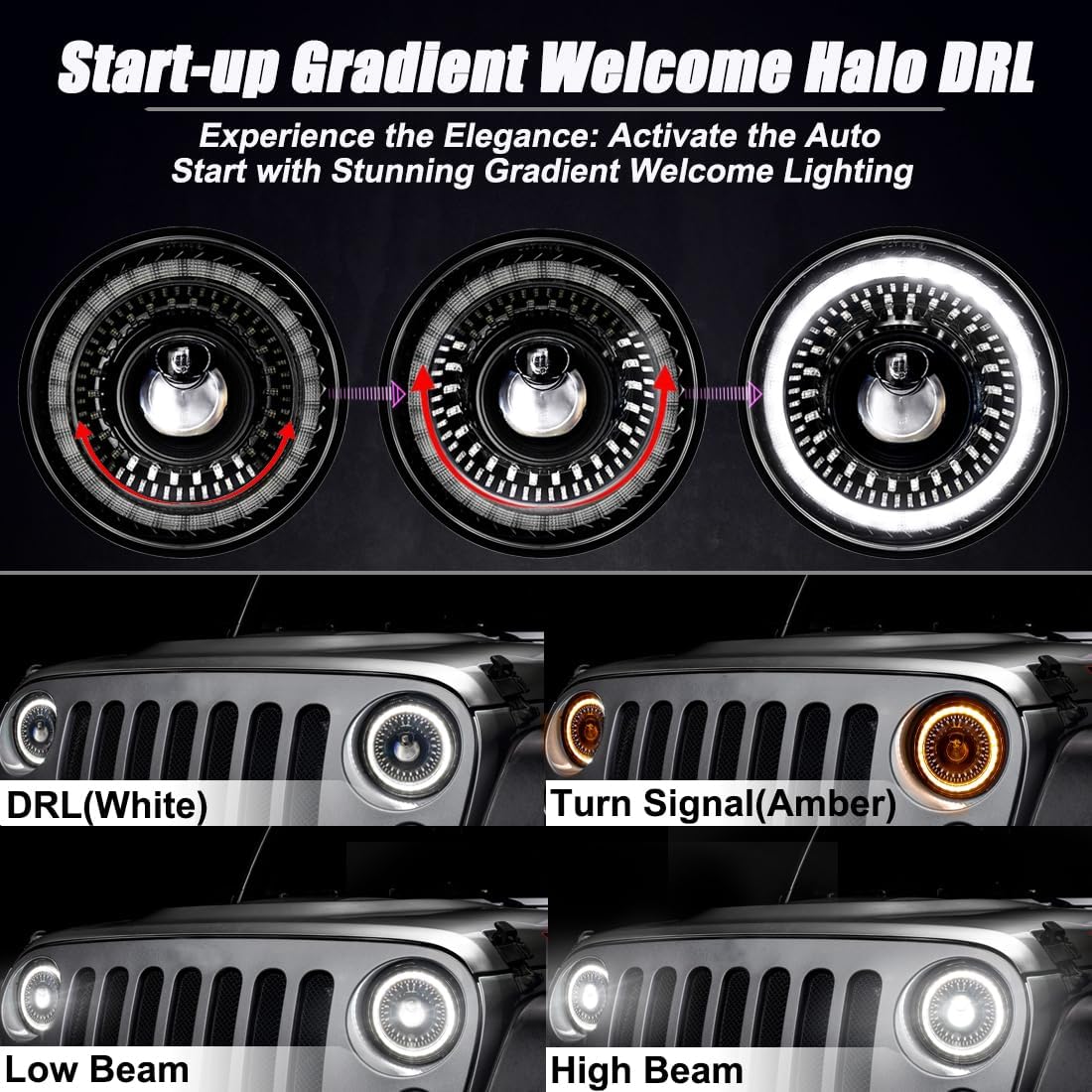 Gradient Start-up Halo Round 7inch Led Headlights Compatible with Jeep Wrangler JK JKU TJ LJ Chevy Ford GMC Dodge Mazda Nissan Mack VW etc H6024 Hi/Low Sealed Beam with DRL Turn Signal