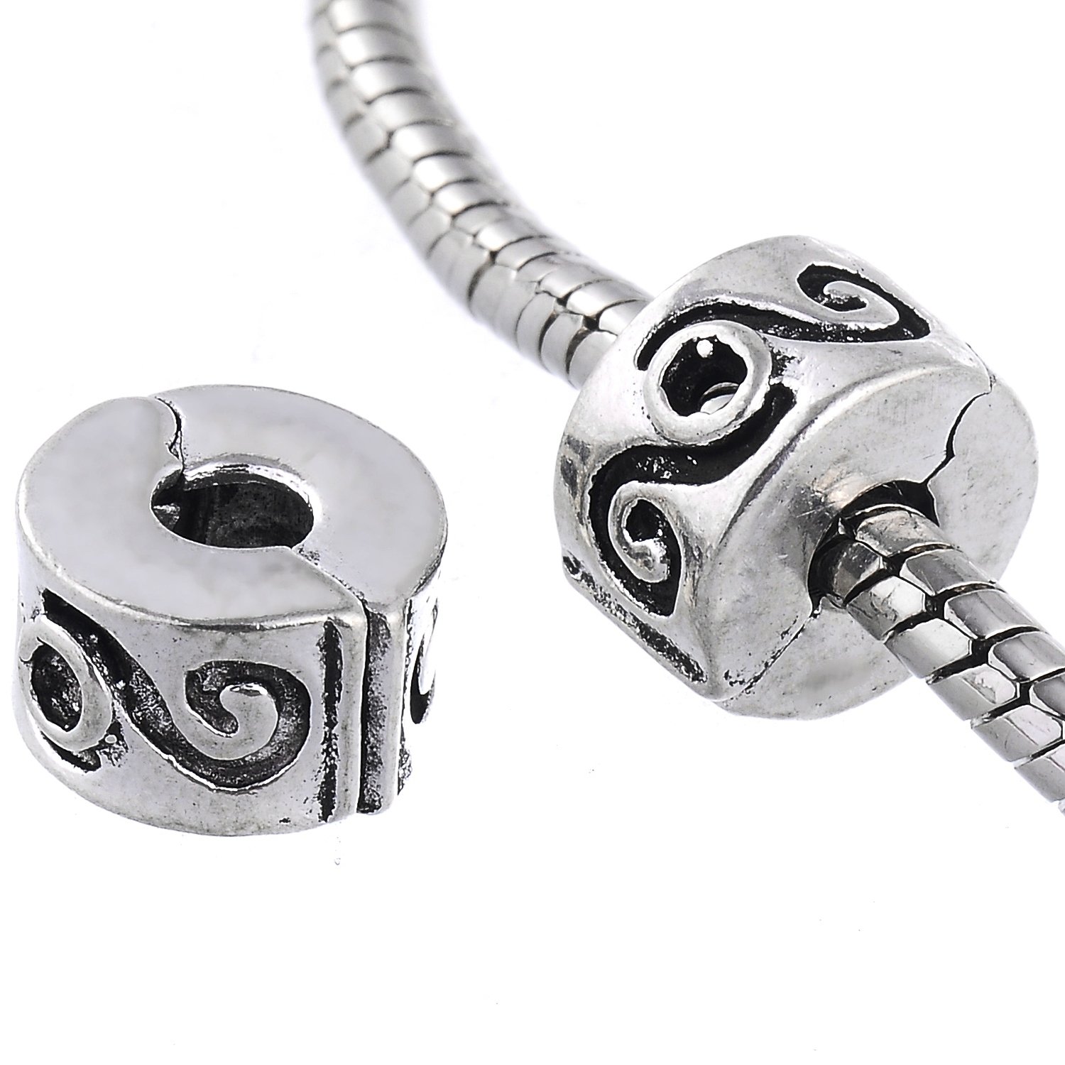 RUBYCA Clip Lock Clasps Beads w/Silicone O-Ring Stopper fit European Charm Bracelet (20pcs Silver)