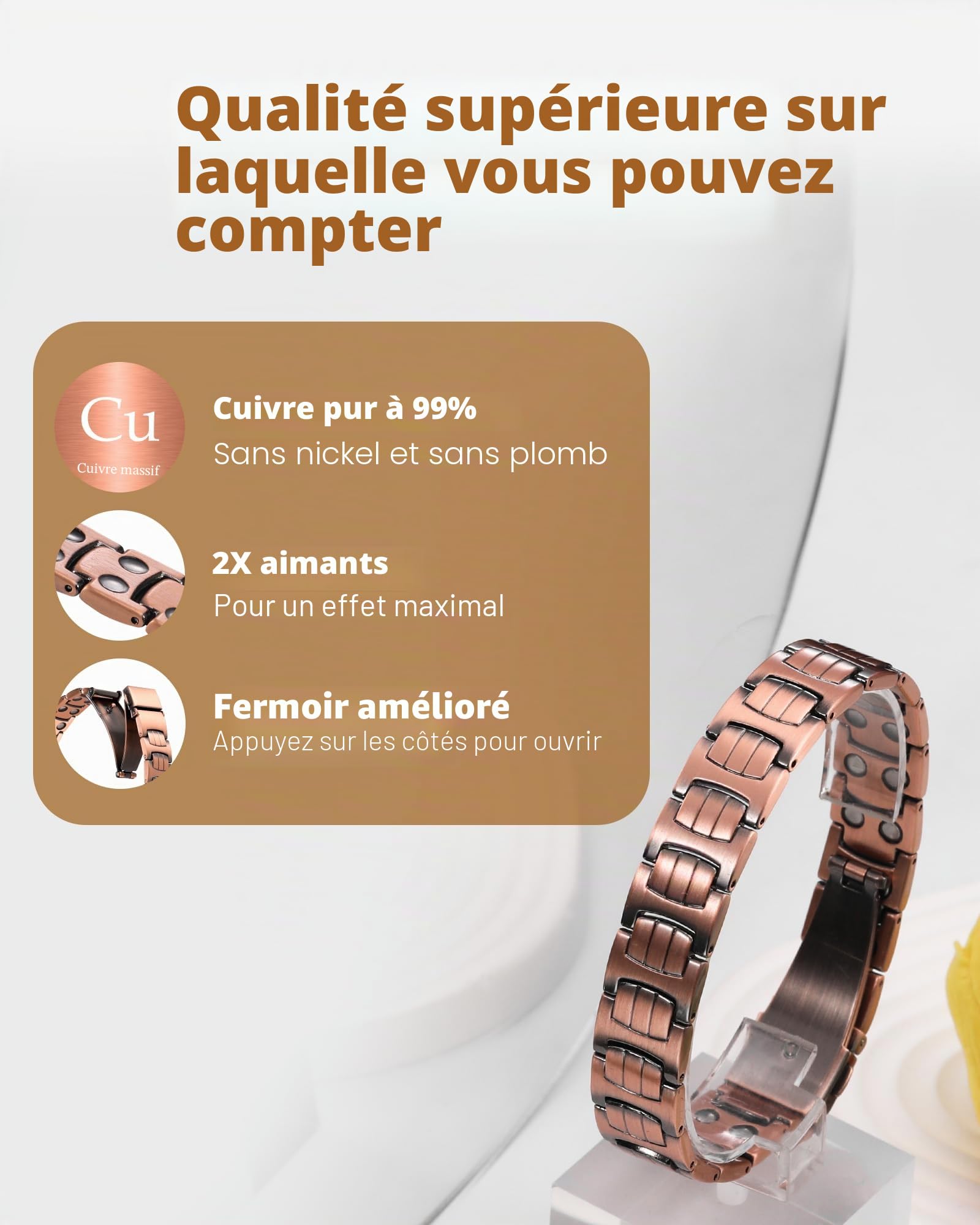 Jeracol Bracelet en cuivre croisé pour hommes, bracelet de thérapie magnétique avec aimants puissants 3800 gauss - 99,99% de cuivre pur et boîte cadeau, 22 cm
