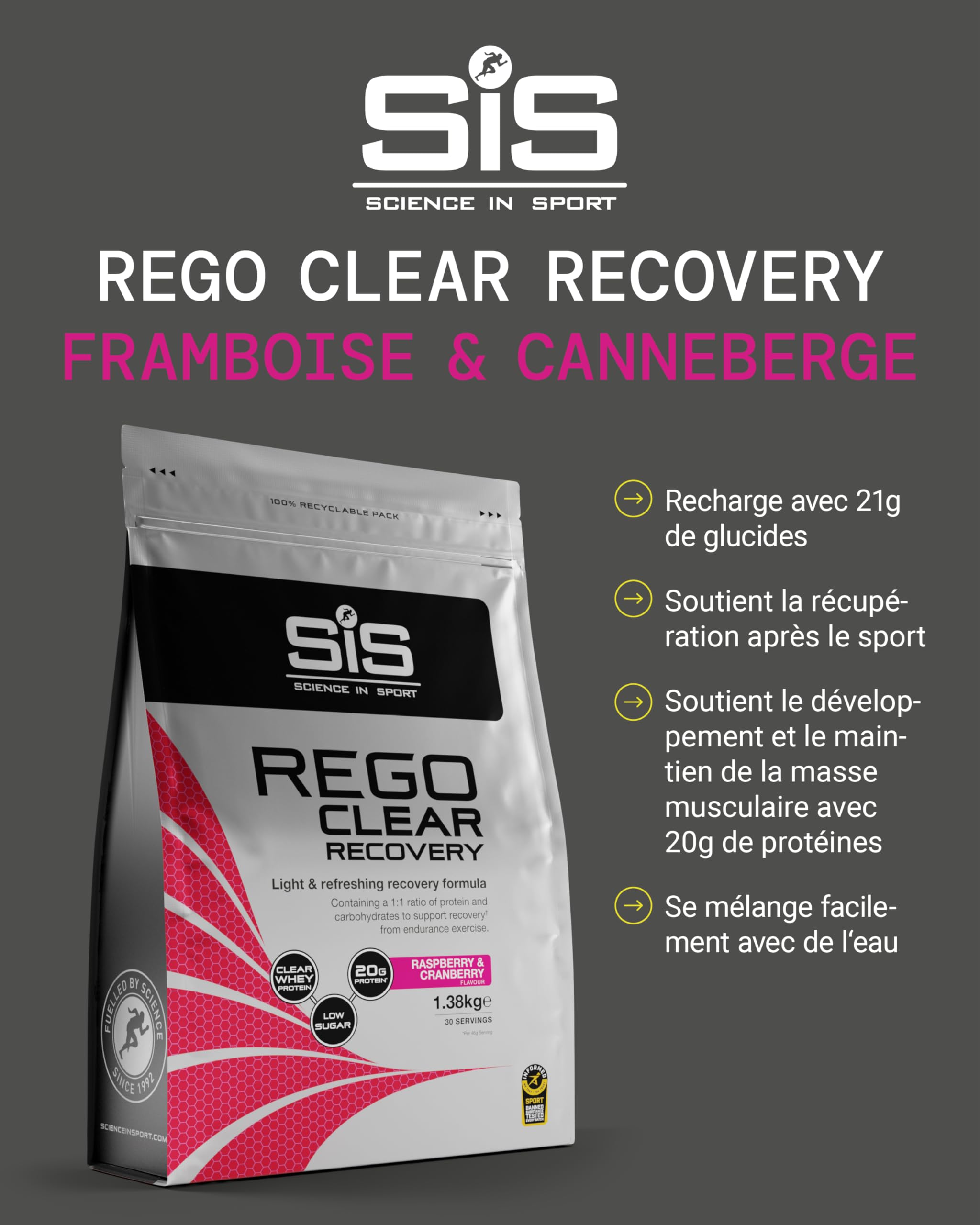 Science in Sport Rego Clear Isolate Poudre 1,38kg Framboise & Airelle - Poudre boisson récupération avec glucides, protéines et vitamines, soutient un entraînement efficace