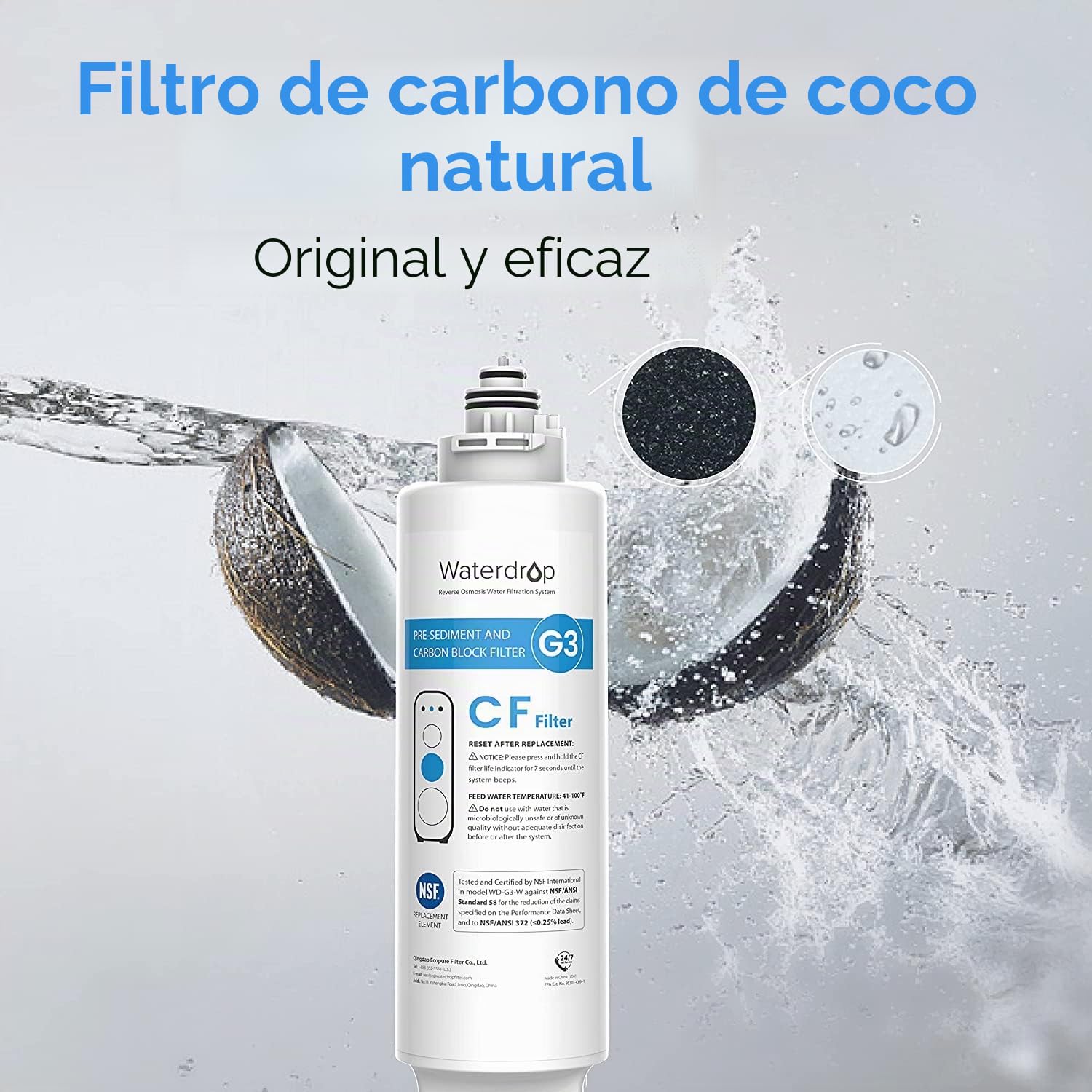 Waterdrop Filtro WD-G3-N1CF, 6 meses de vida útil, Reemplazo para el Sistema de ósmosis inversa WD-G3-W