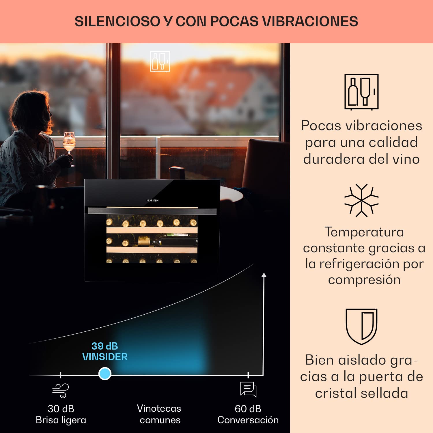 KLARSTEIN Vinoteca para Vinos de 51L Nevera Vino Una Zona, Botellas Vino, Proseco y Cervezas, Vinoteca Pequeña Puerta Cristal para Interior y Exterior, Nevera para Vinos Capacidad 24 Botellas