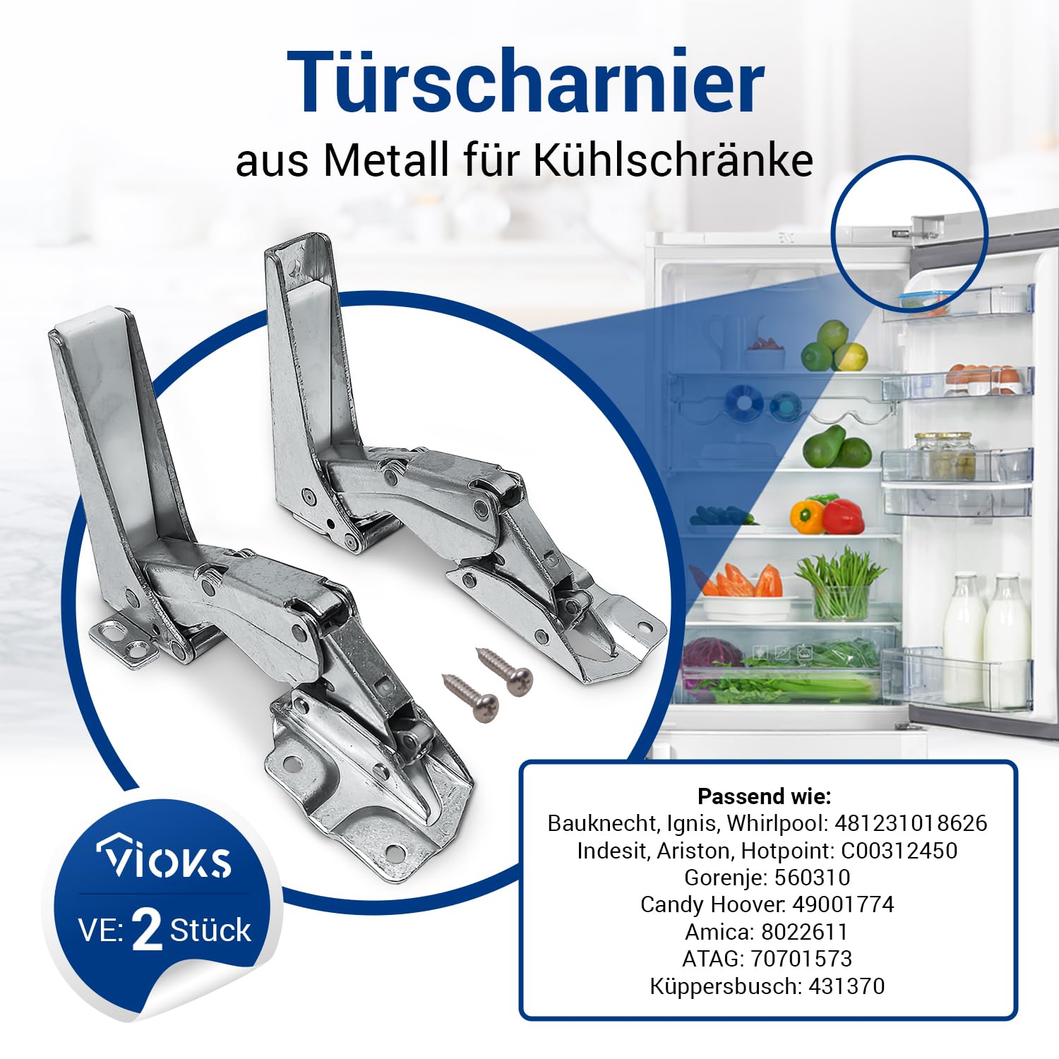 VIOKS Set di cerniere per porta superiore + inferiore di ricambio per Whirlpоol Bauknеcht Ignis 481231018626 488000636779 Indesit Hotpoint C00312450 Cerniera per porta del frigorifero con kit di