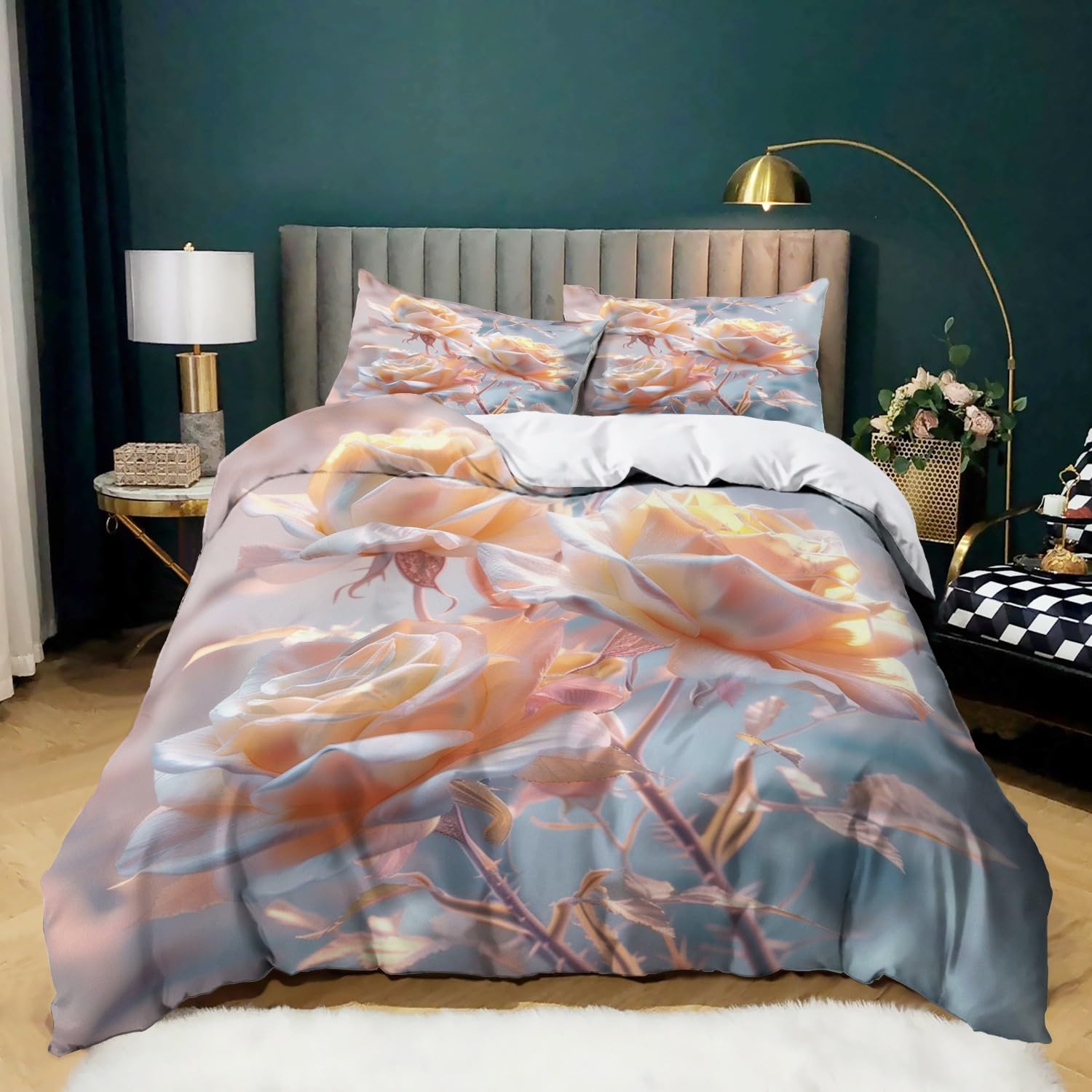 Biancheria da letto 155 x 220 cm, per bambini, ragazzi e adolescenti, set copripiumino per letto singolo, a righe vegetali 03, con chiusura lampo e federa da 80 x 80 cm