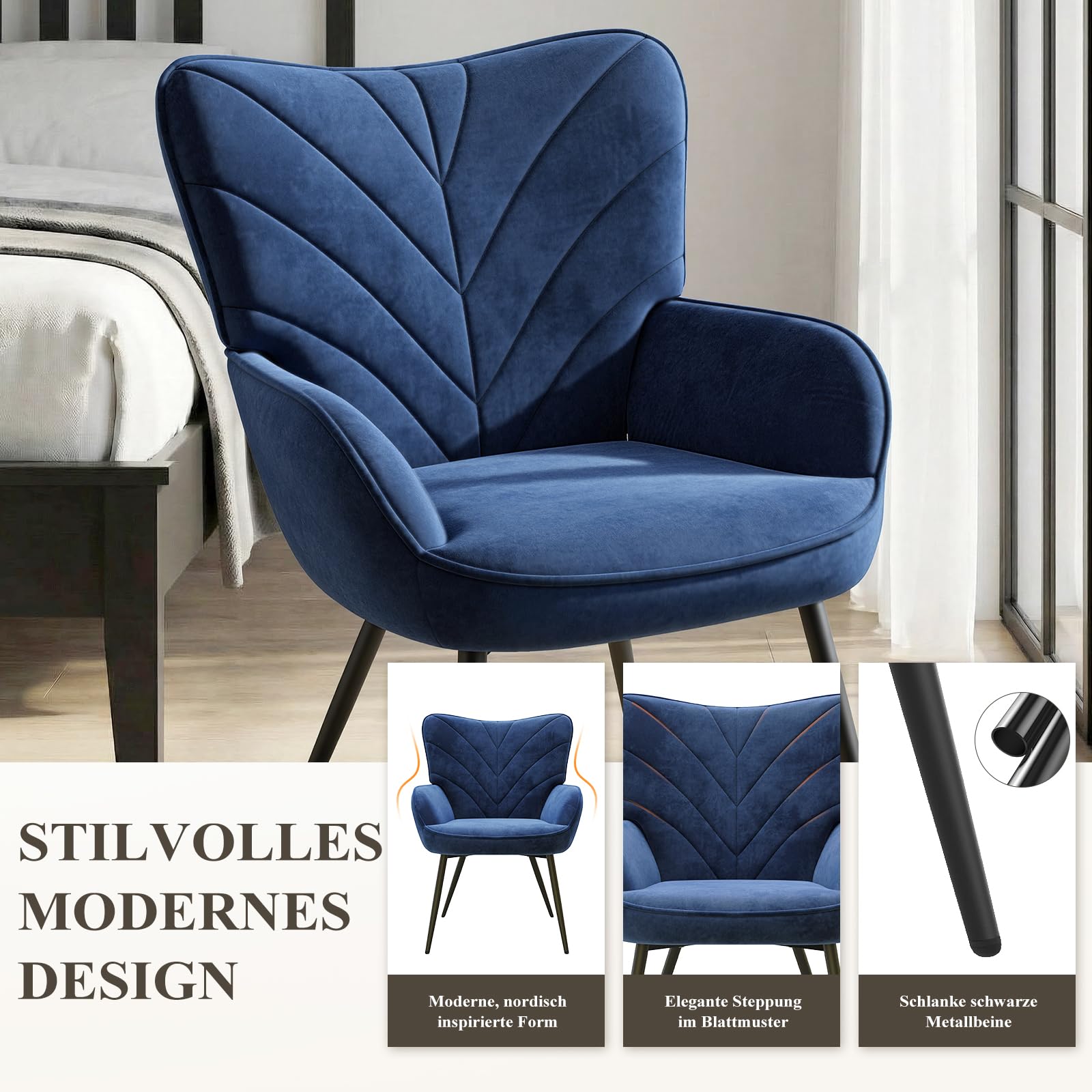 COLAMY Wohnzimmer Sessel 2er Set, Samtbezogener Relaxsessel mit hoher Rückenlehne, Gepolsterter Komfortsessel mit Wingback-Design, Lounge Chair mit Holzbeinen für Wohnzimmer, Leseecke, Blau