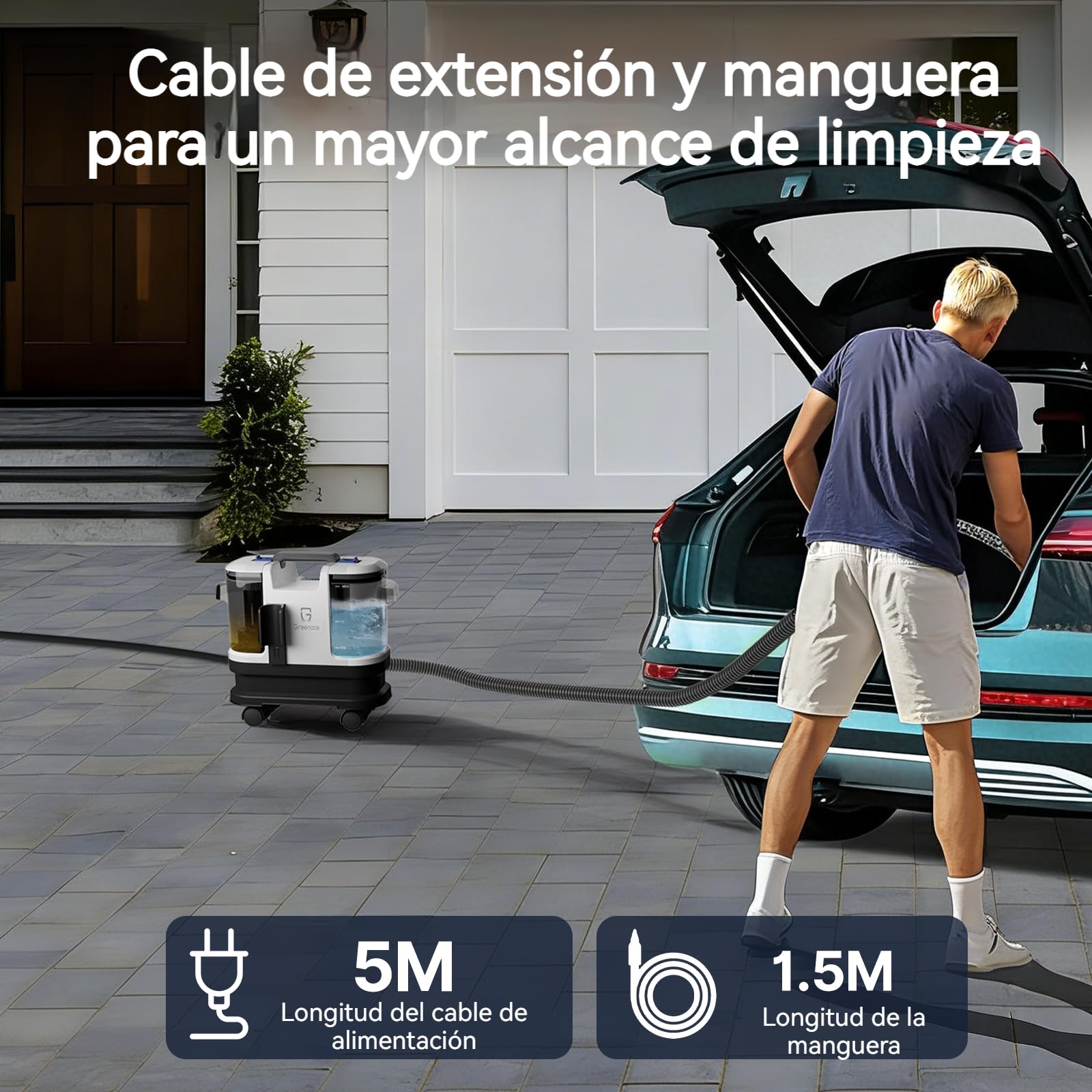 Greenote Limpiador de Alfombras 600W,4 Ruedas Giratorias para Máxima Maniobrabilidad, Almacenamiento Compacto,Autolimpieza de Manguera,Potente Aspiración,Depósitos 1,8L/0,8L, Manguera 1,5m y Cable 5m