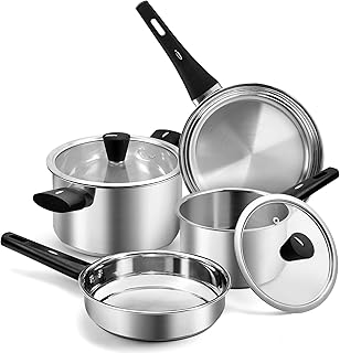 6-Piece Saucepan Set, Induction Pots, Cooking Pot, Pan Set, Stainless Steel Cookware Set with Lid, Anti-scald Handle, Induction Pot Suitable for All Types of Cookers, Uncoated, Dishwasher Safe