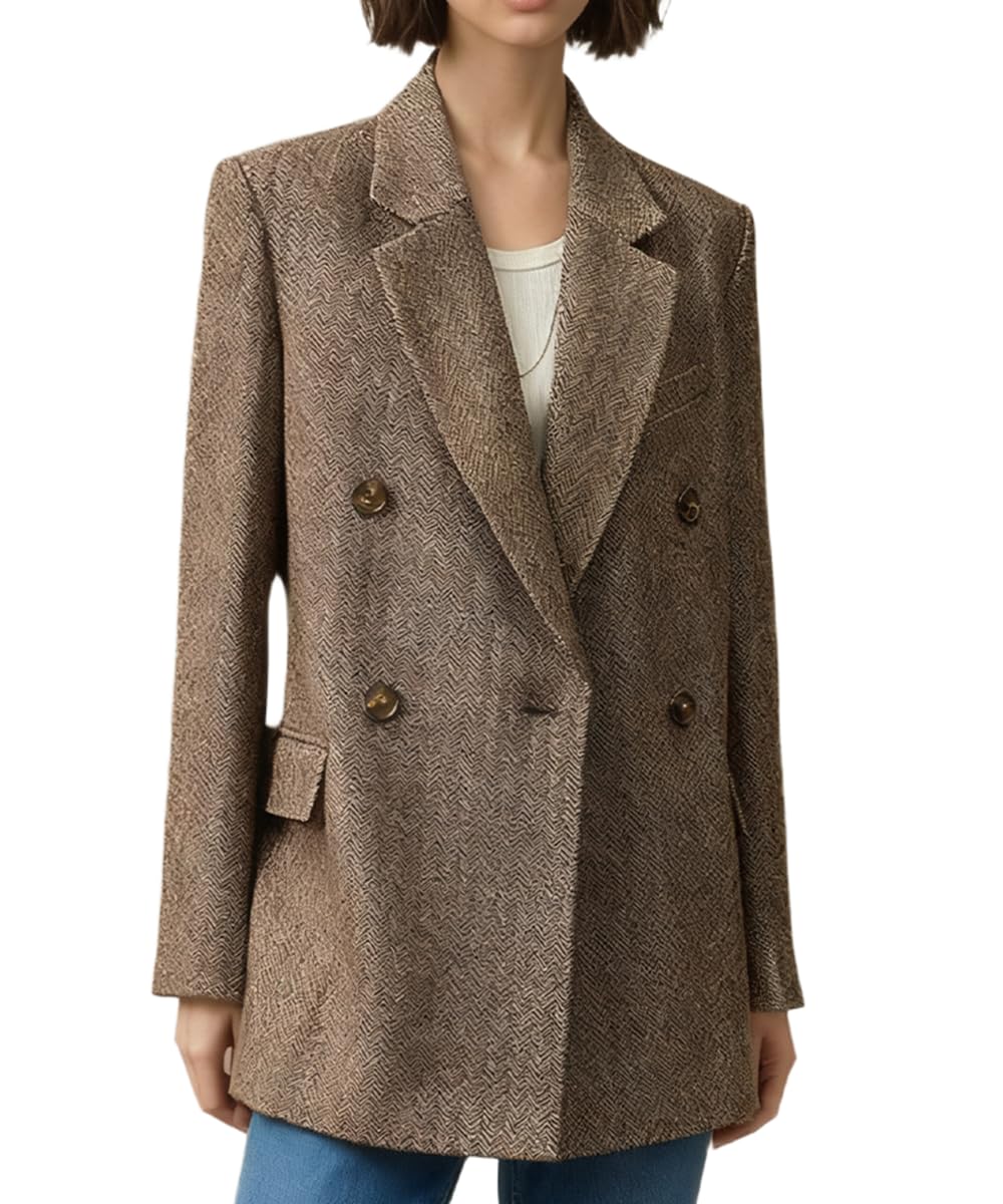 Vintage Herringbone Blazer for Women Retro Womens Double Breasted Casual Suit Jacket Winter Tweed Business Coat