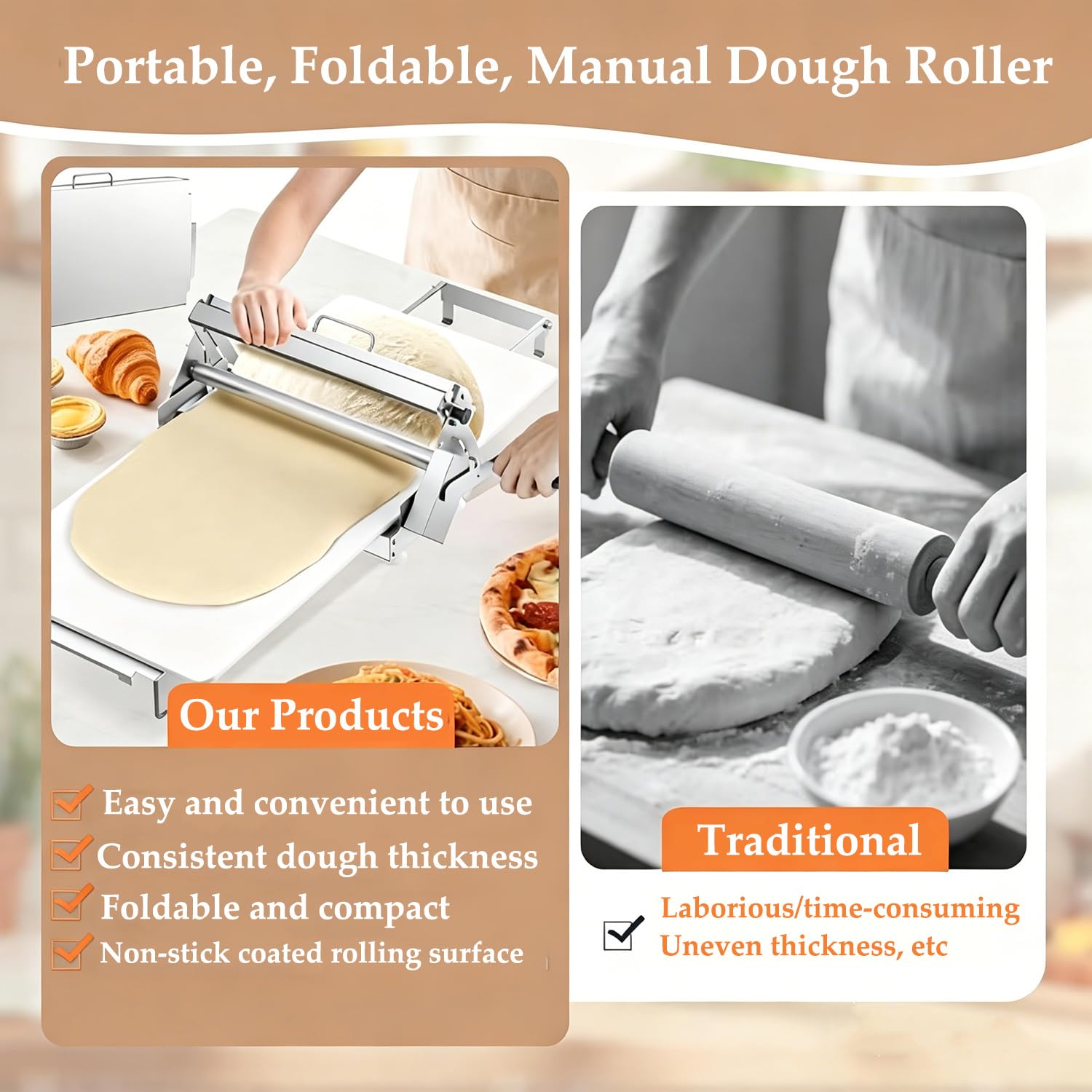 Sfogliatrice Professionale per Pasta Sfoglia,sfogliatrice Manuale,Spessore Regolabile da 0 A 25 Mm,sfogliatrice in Acciaio Inox,sfogliatrice Pieghevole per Panetterie E Pasticcerie